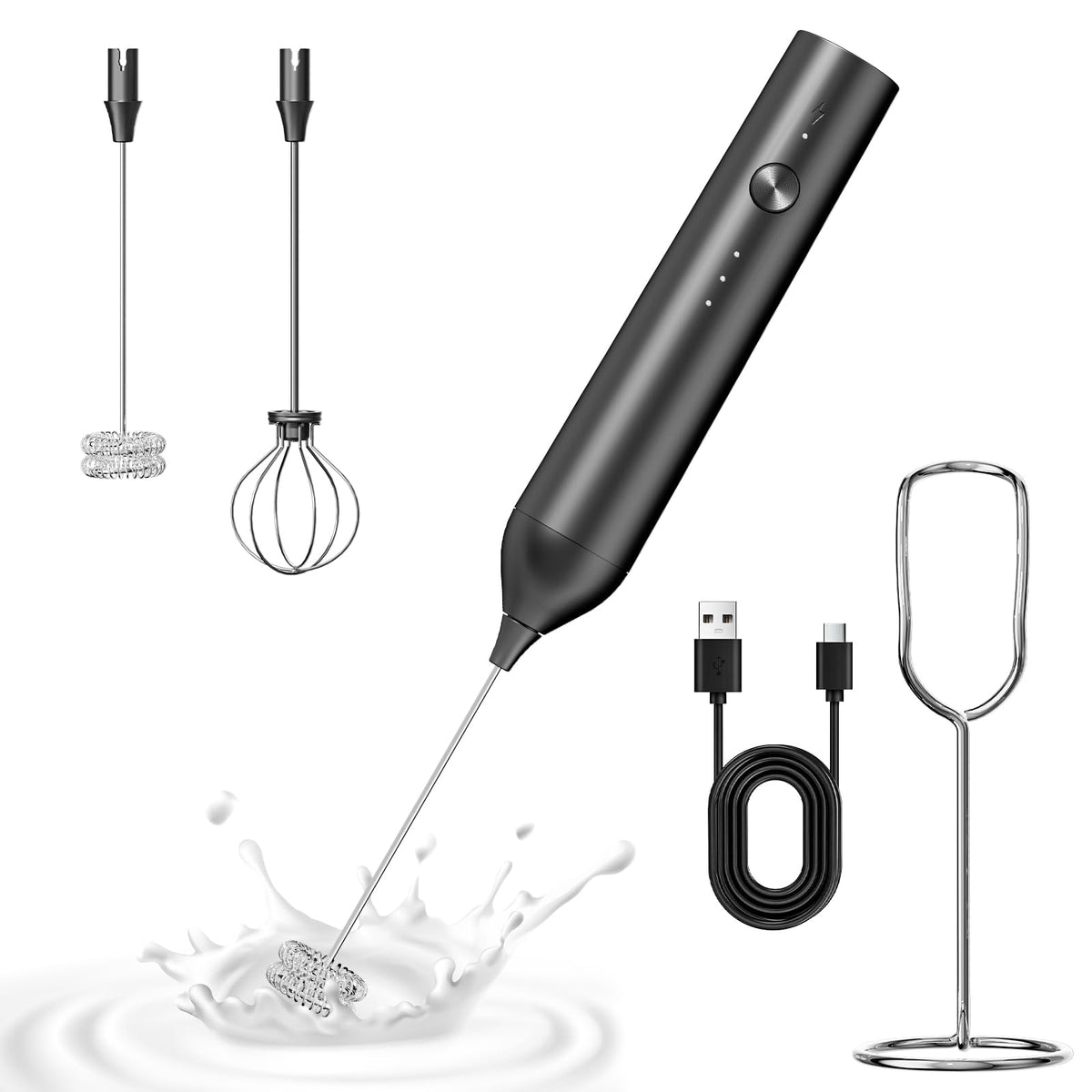 BZPP Milk Frother with Stand shows a sleek setup for quick creamy foam on coffee.