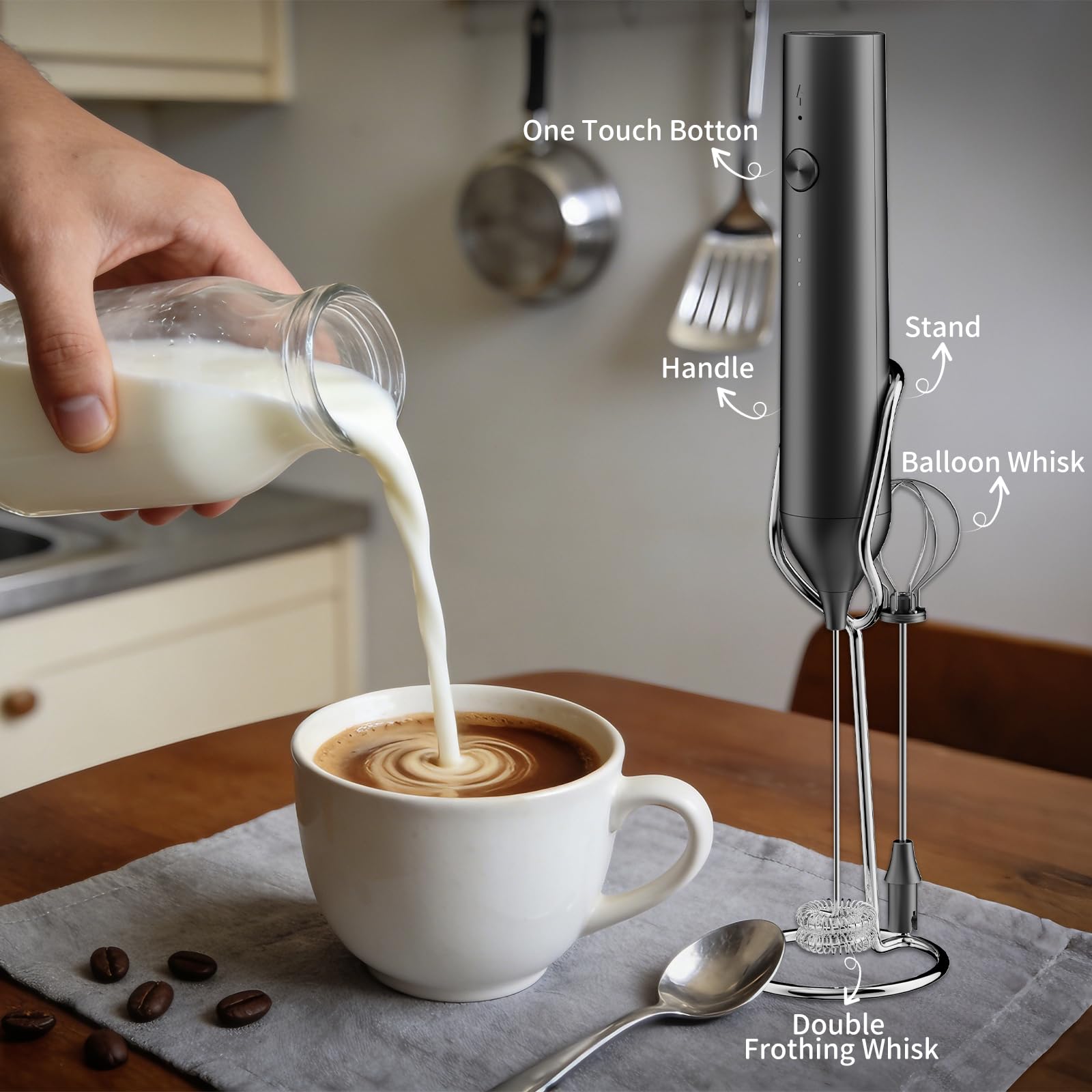 BZPP milk frother dual-ring whisk in action for velvety froth.