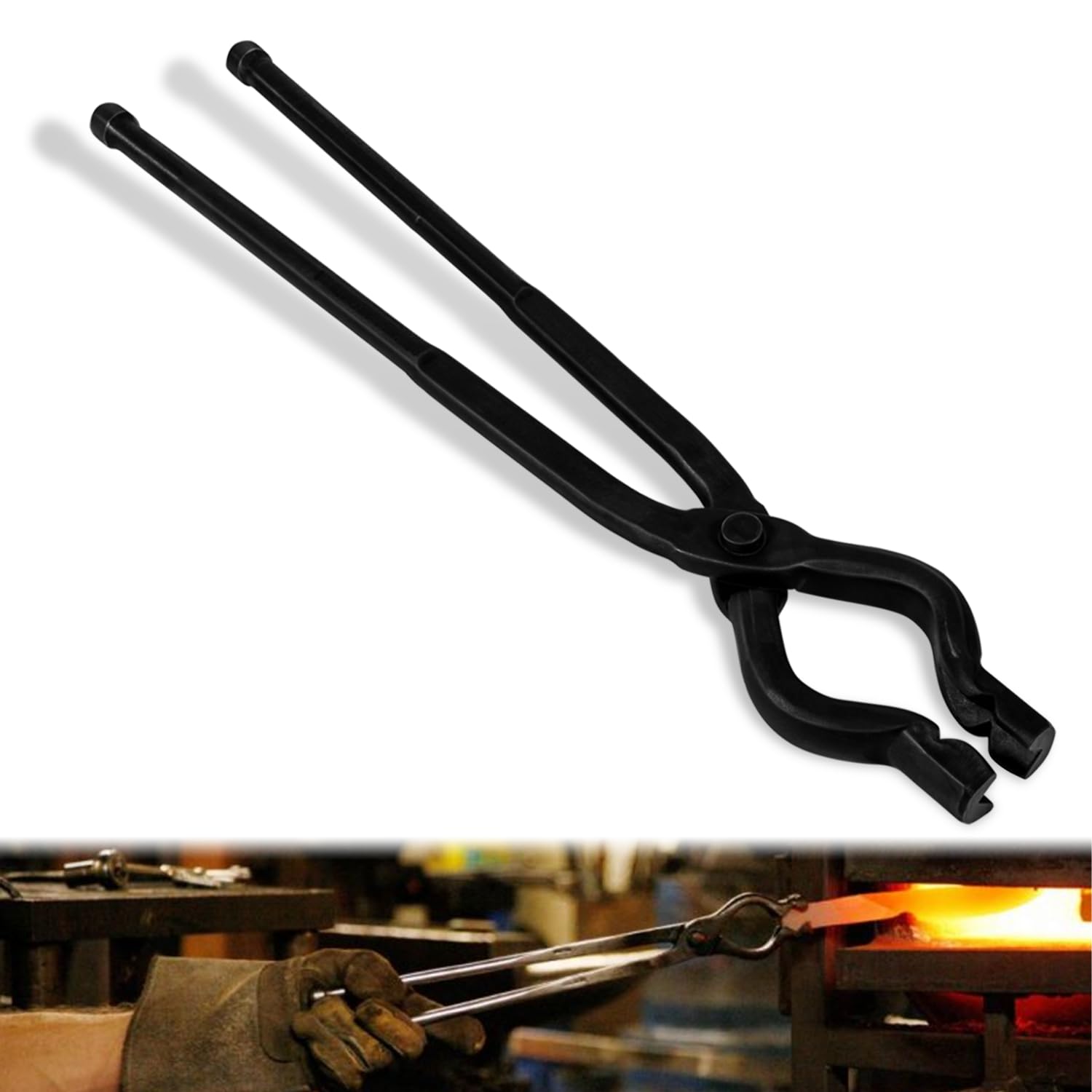 Bzsunway 17-inch V-Bolt Tongs ready for forge setup, offering precise control for angled work.