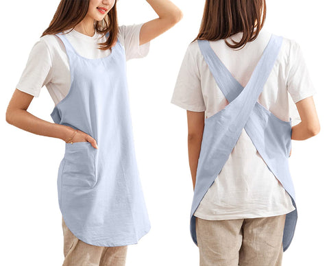 Caatoor cross-back apron in blue with front view showing rustic cotton texture and protection