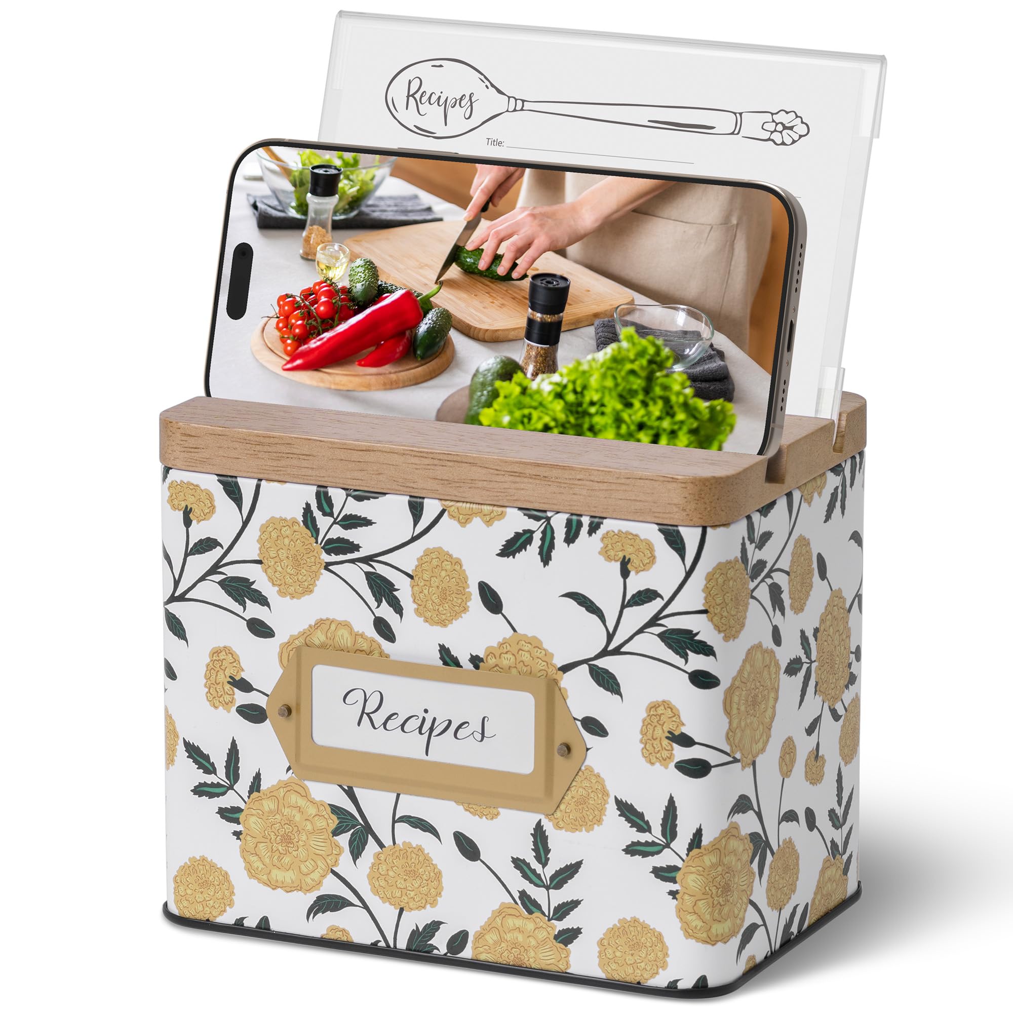 Cabbrix Marigold recipe box lid close-up with wooden lid and smooth finish.