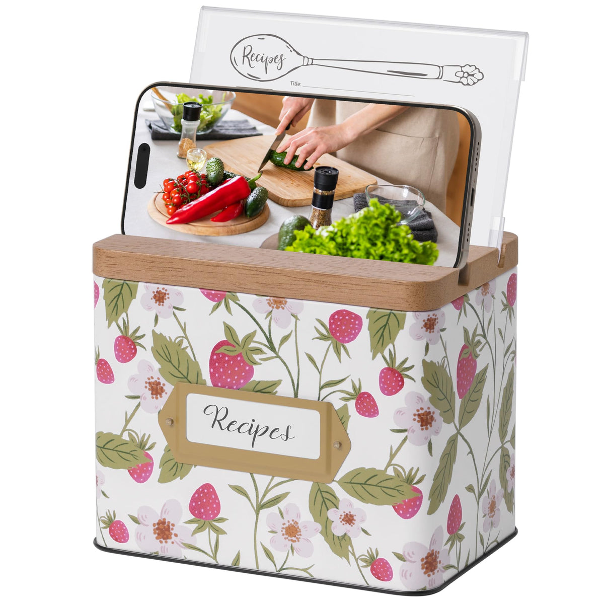 Cabbrix recipe box with strawberry wooden lid for stylish storage