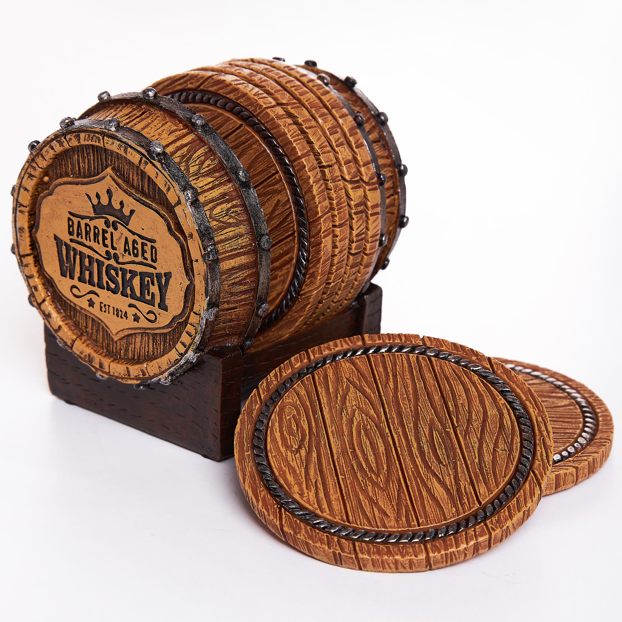 Cabin Obsession barrel holder with coasters enhances a stylish man cave.