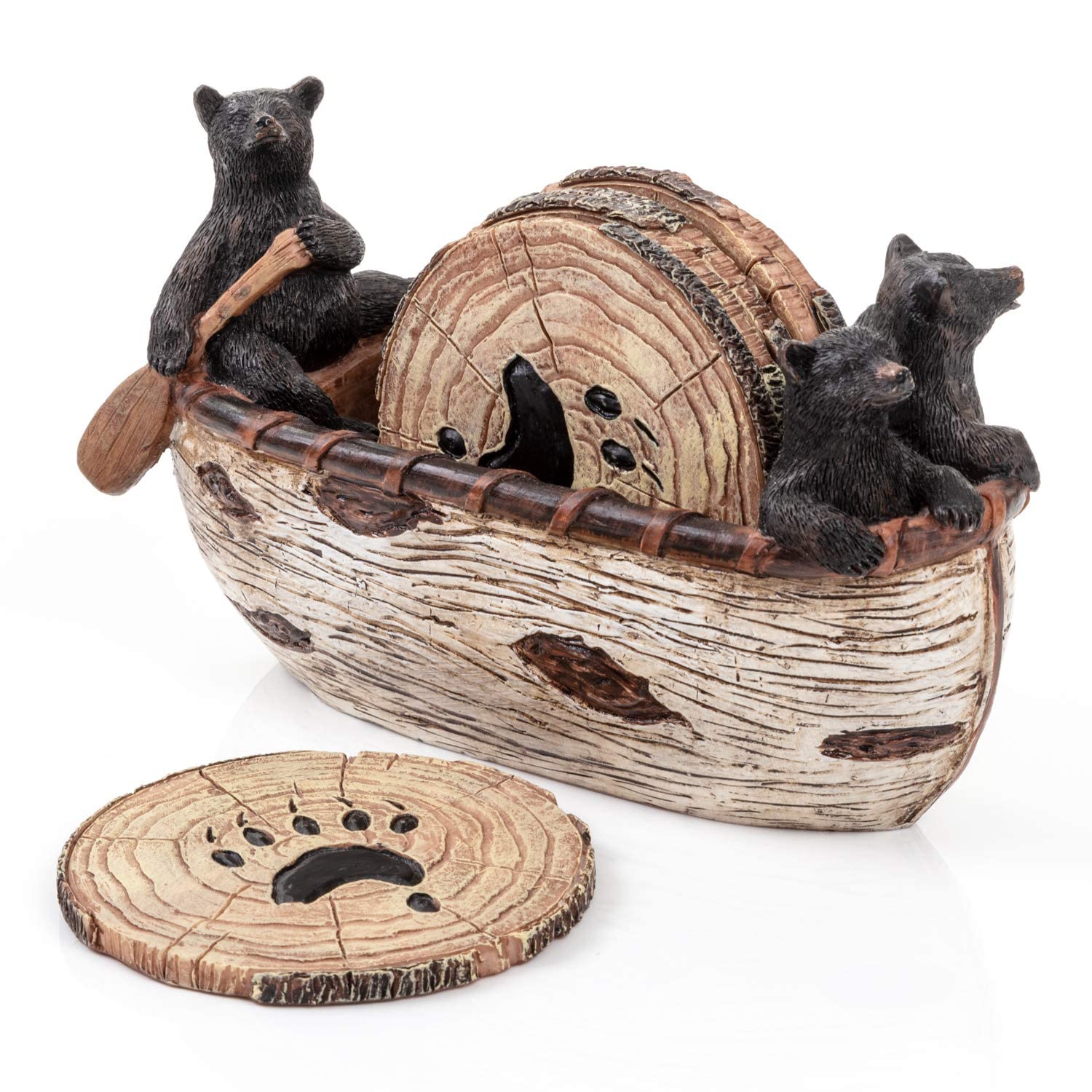 Cabin Obsession bear coasters set of six featuring a full-size canoe scene for rustic entertaining.