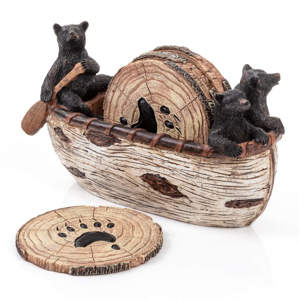 Cabin Obsession bear coasters set of six featuring a full-size canoe scene for rustic entertaining.