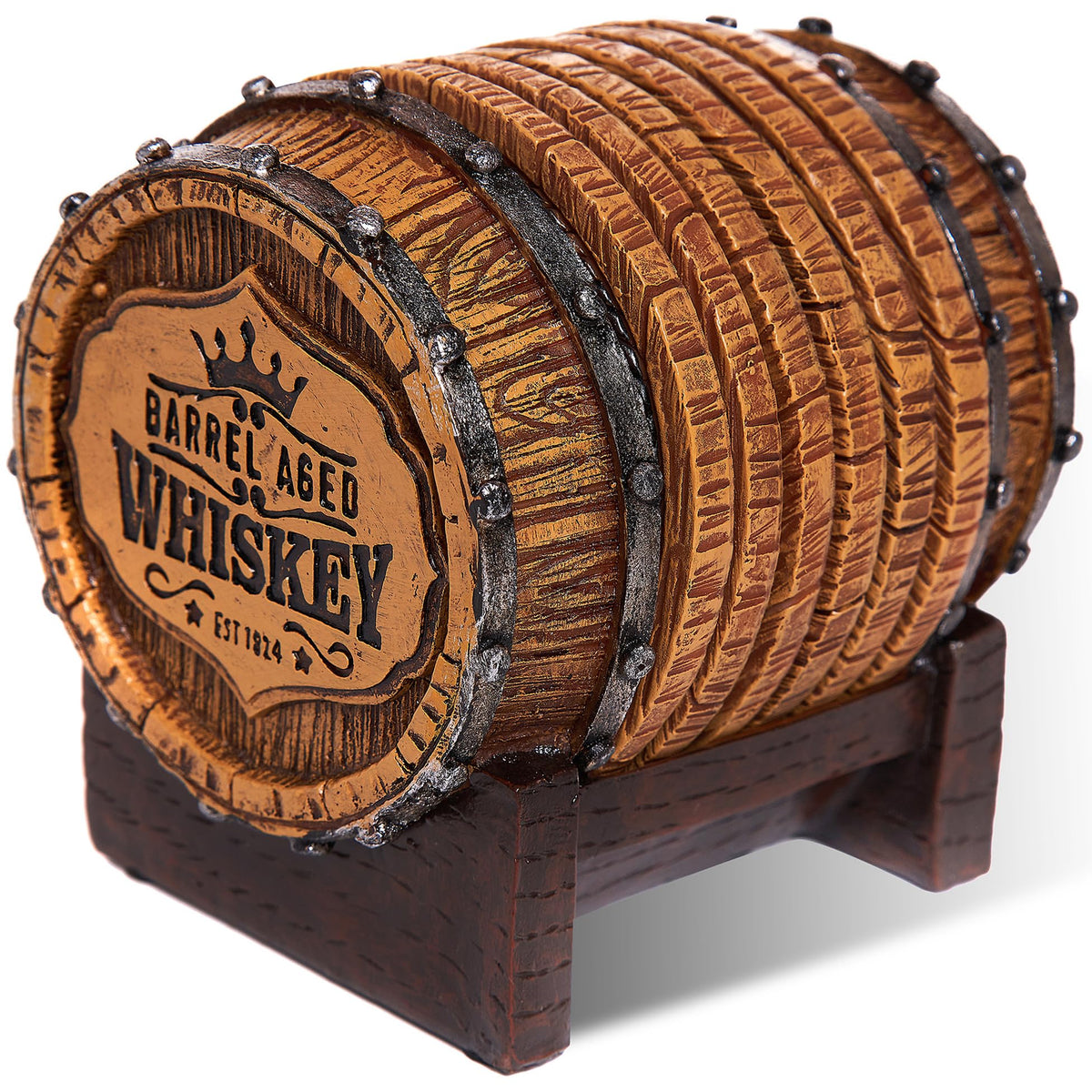 Cabin Obsession whiskey barrel coaster set on a dining table protects surfaces.