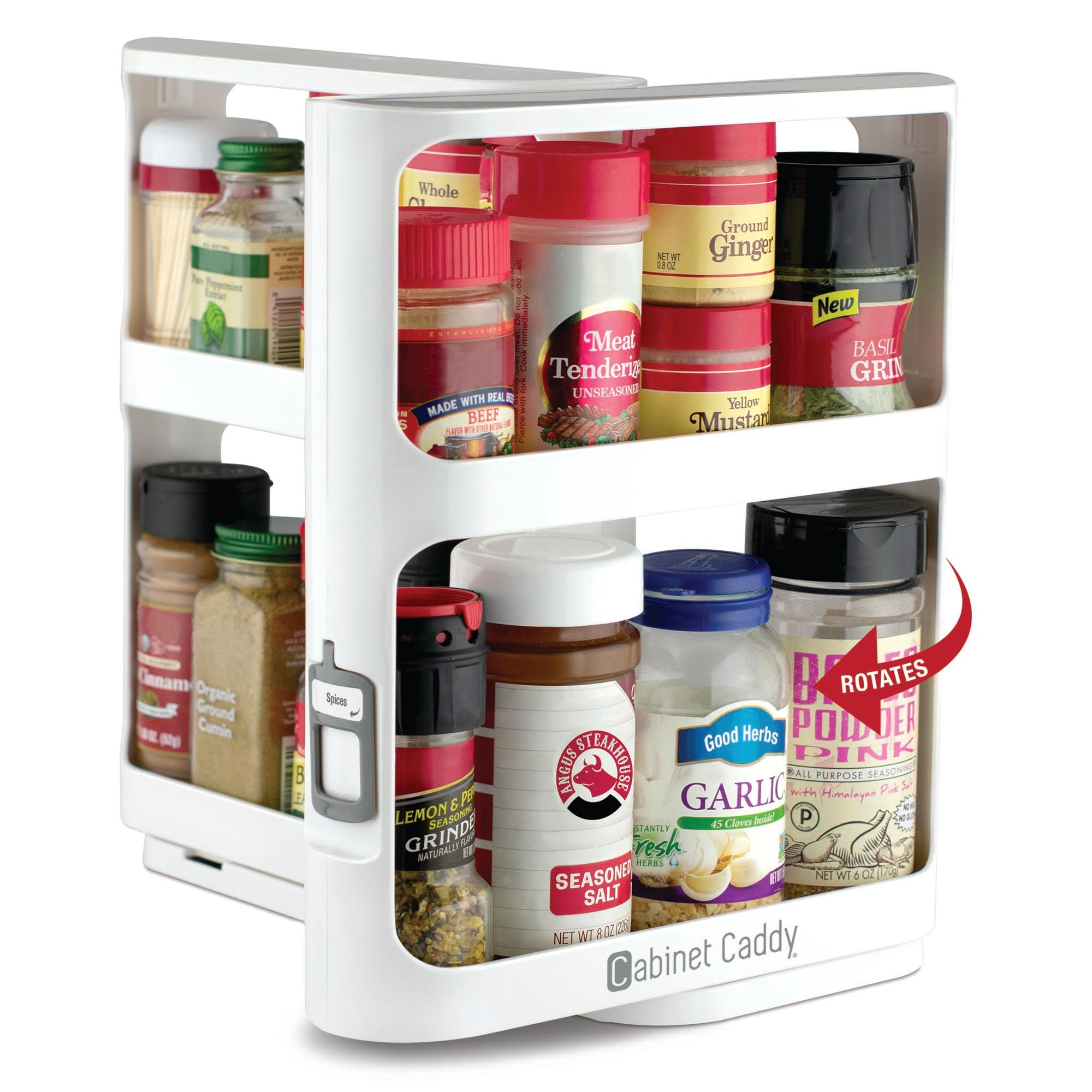 Cabinet Caddy front view spice rack offers instant access.
