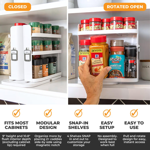 Cabinet Caddy SNAP! adjustable shelves customizing jar heights.