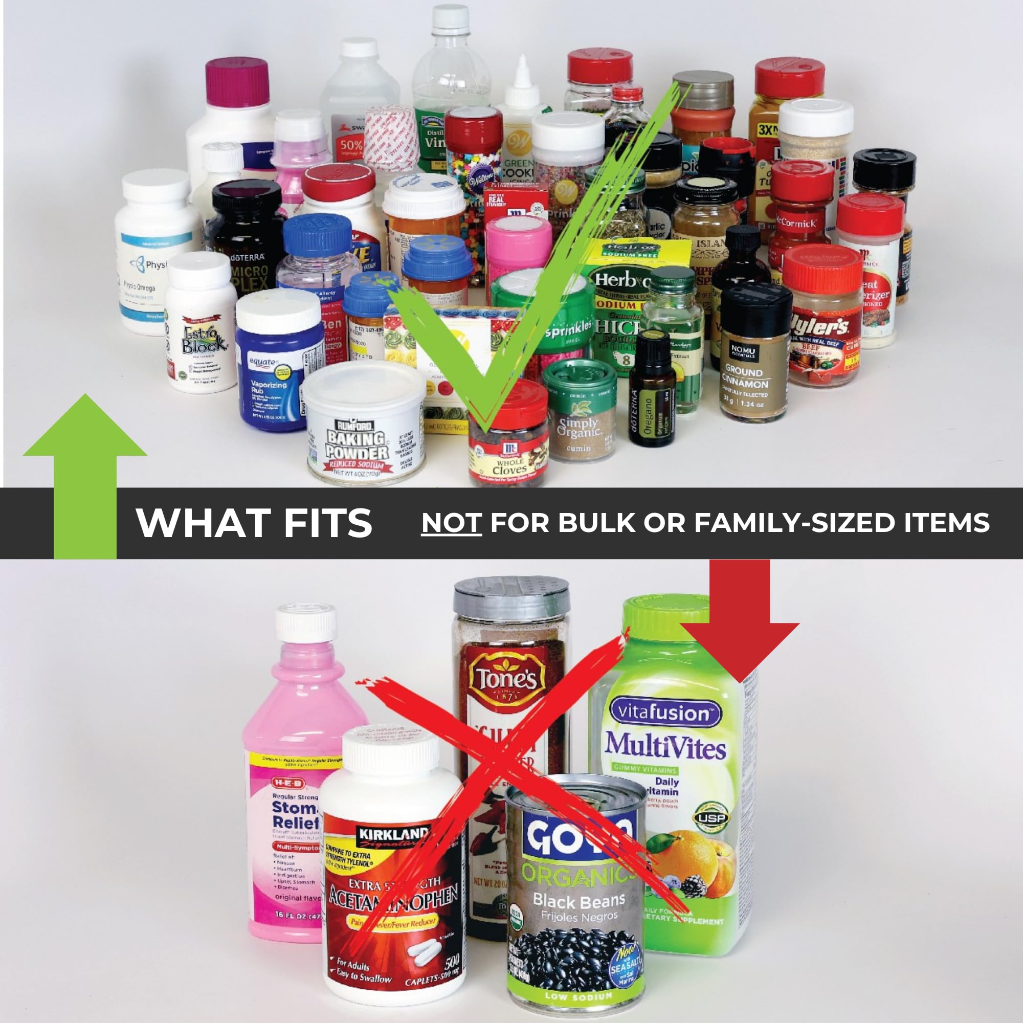 Cabinet Caddy SNAP! label stickers organize spices by category.