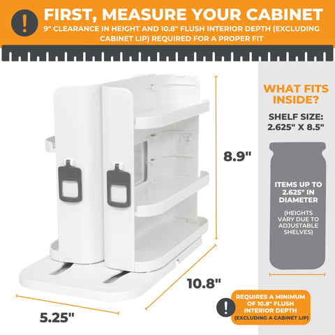 Cabinet Caddy SNAP! pull-rotate mechanism for quick spice access.