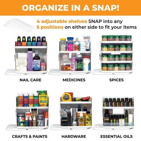 Cabinet Caddy SNAP! small-items tray keeps irregular jars secure.