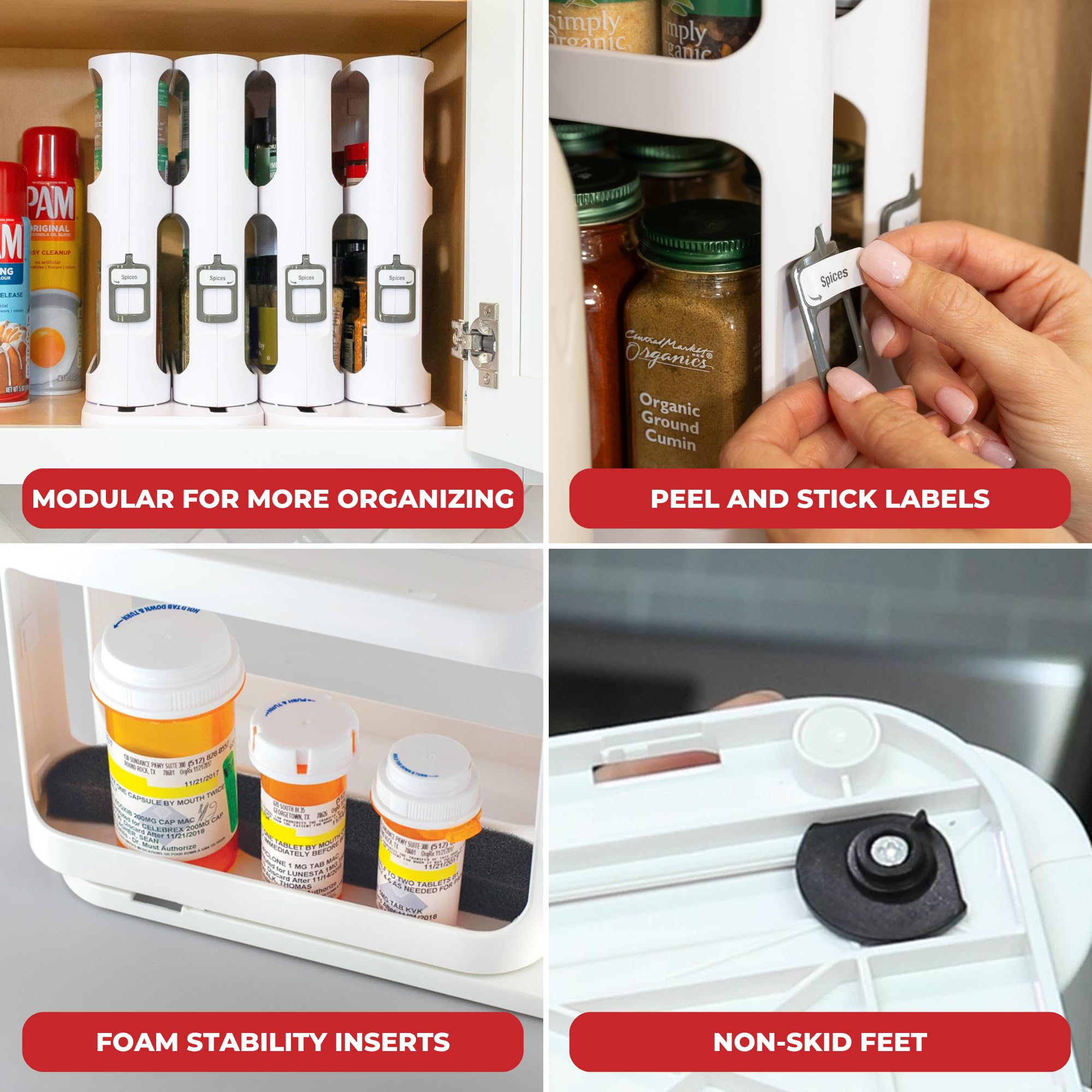 Cabinet Caddy stick-on labels aid quick identification and labeling.