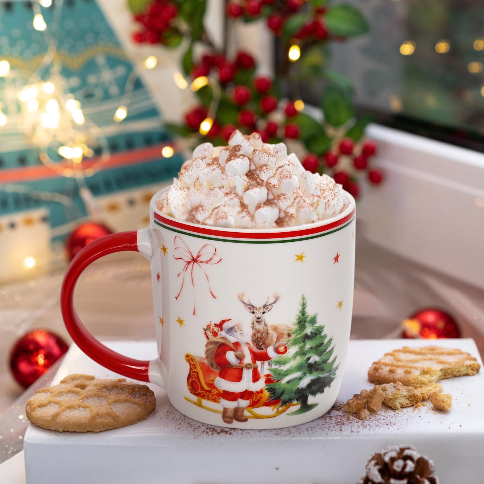 Cabtnca Christmas mugs red-green handles emphasize seasonal style and easy gripping.
