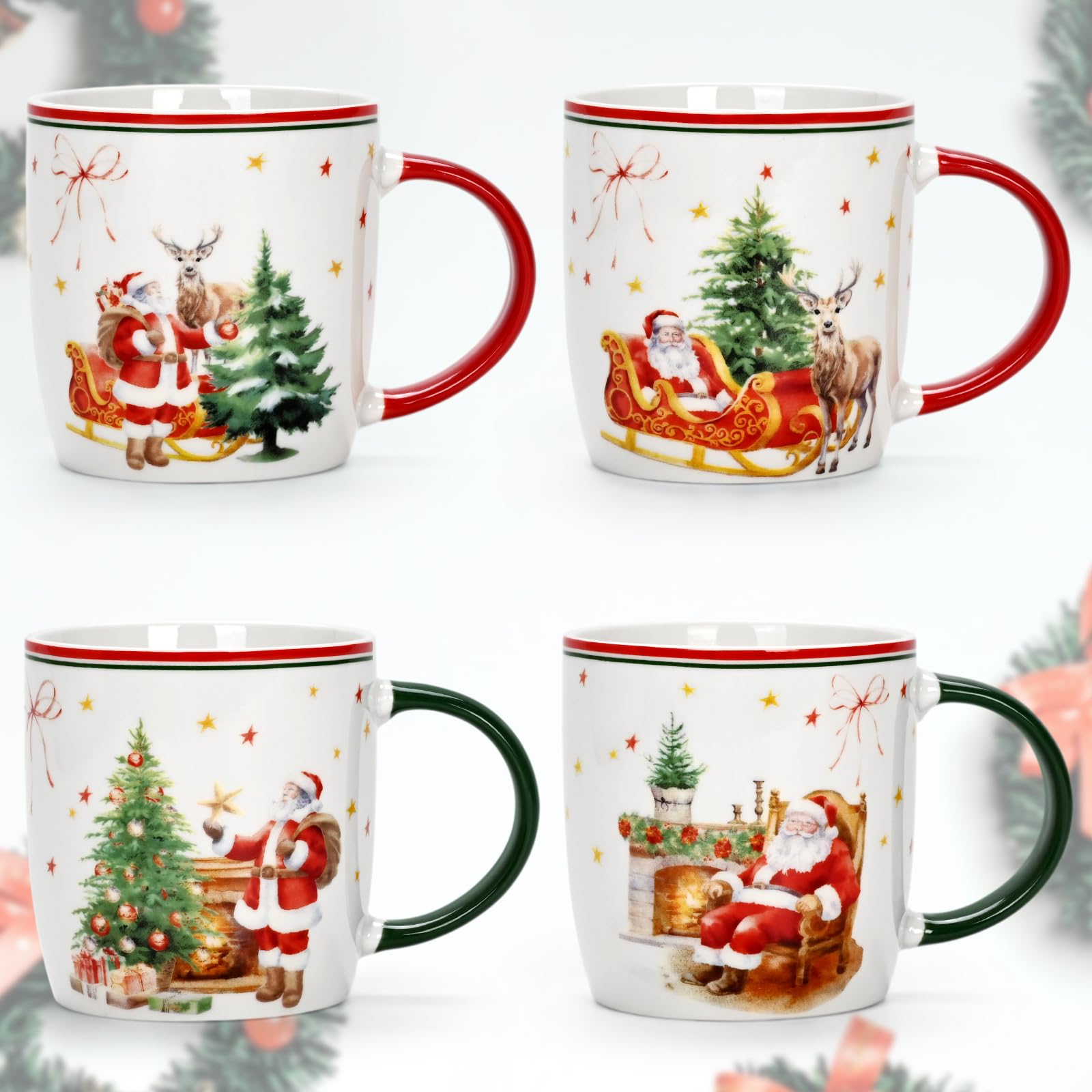 Cabtnca Christmas mugs side view with red and green handles adding holiday charm.