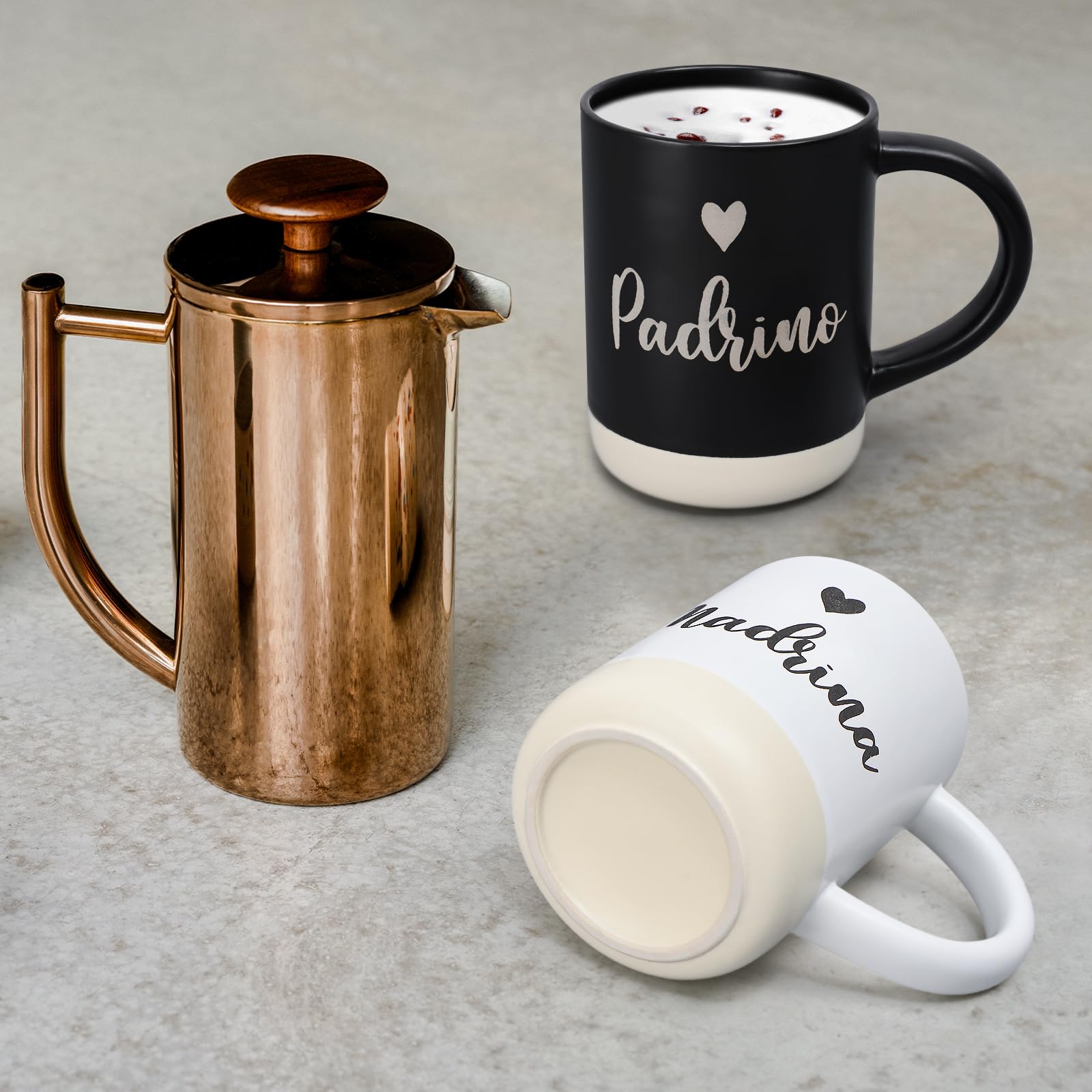 Cabtnca Padrinos mug with frosted coat and raised text, elegant baptism gift option.