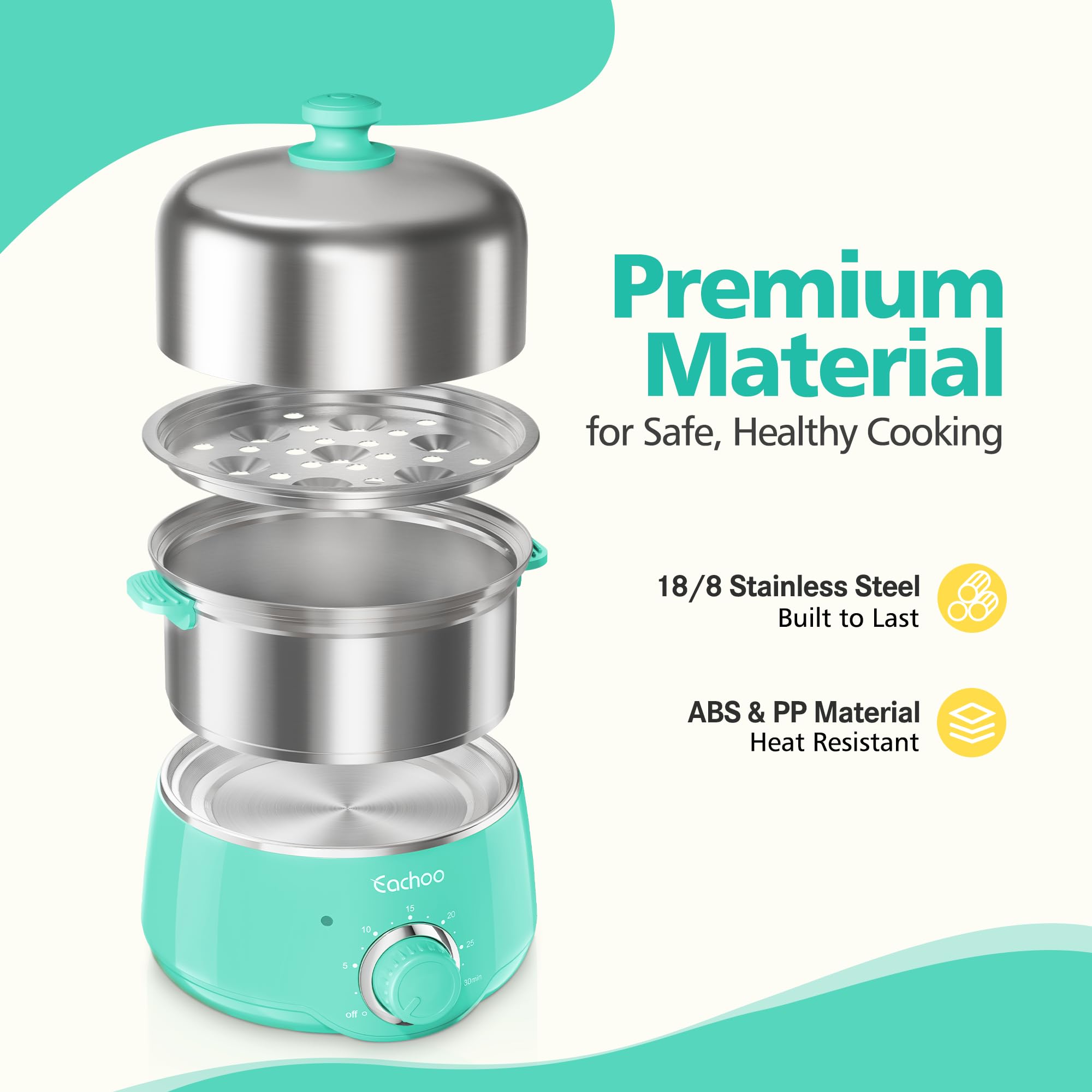 CACHOO 14-egg cooker with dual trays; compact, space-saving design.