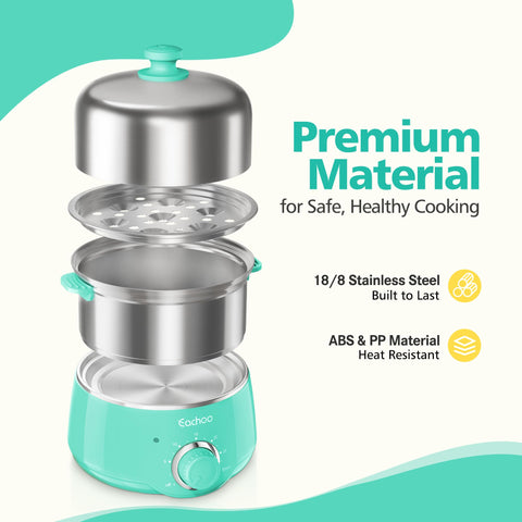 CACHOO 14-egg cooker with dual trays; compact, space-saving design.