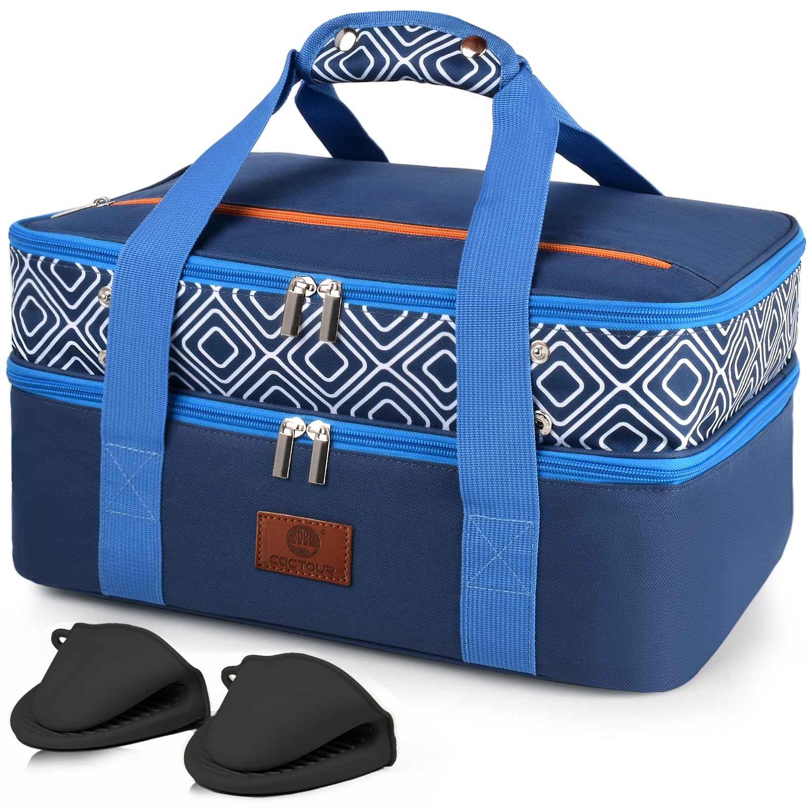 CaCTOUR casserole carrier blue exterior showing durable insulation for on-the-go meals