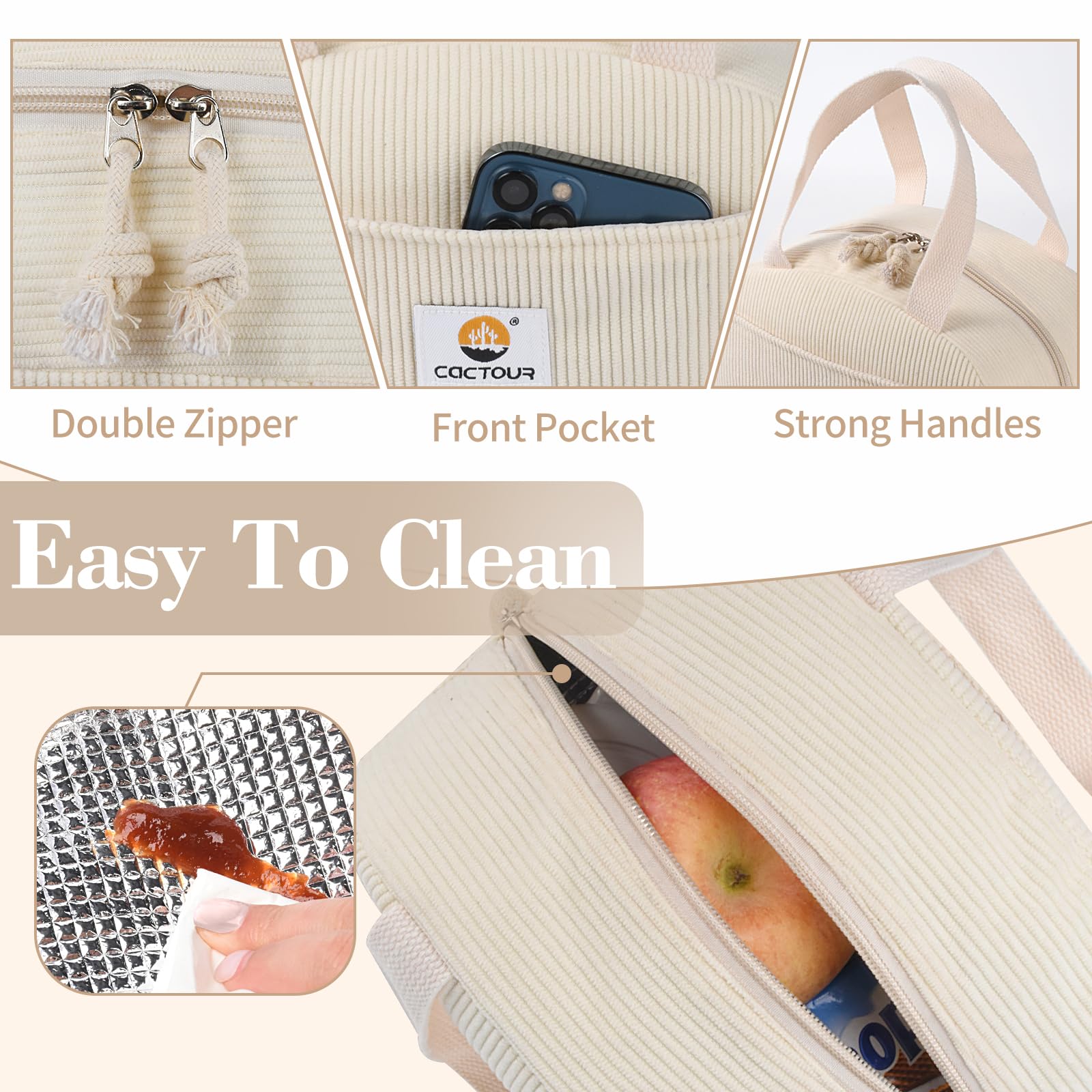 CaCTOUR corduroy lunch bag waterproof lining maintains freshness