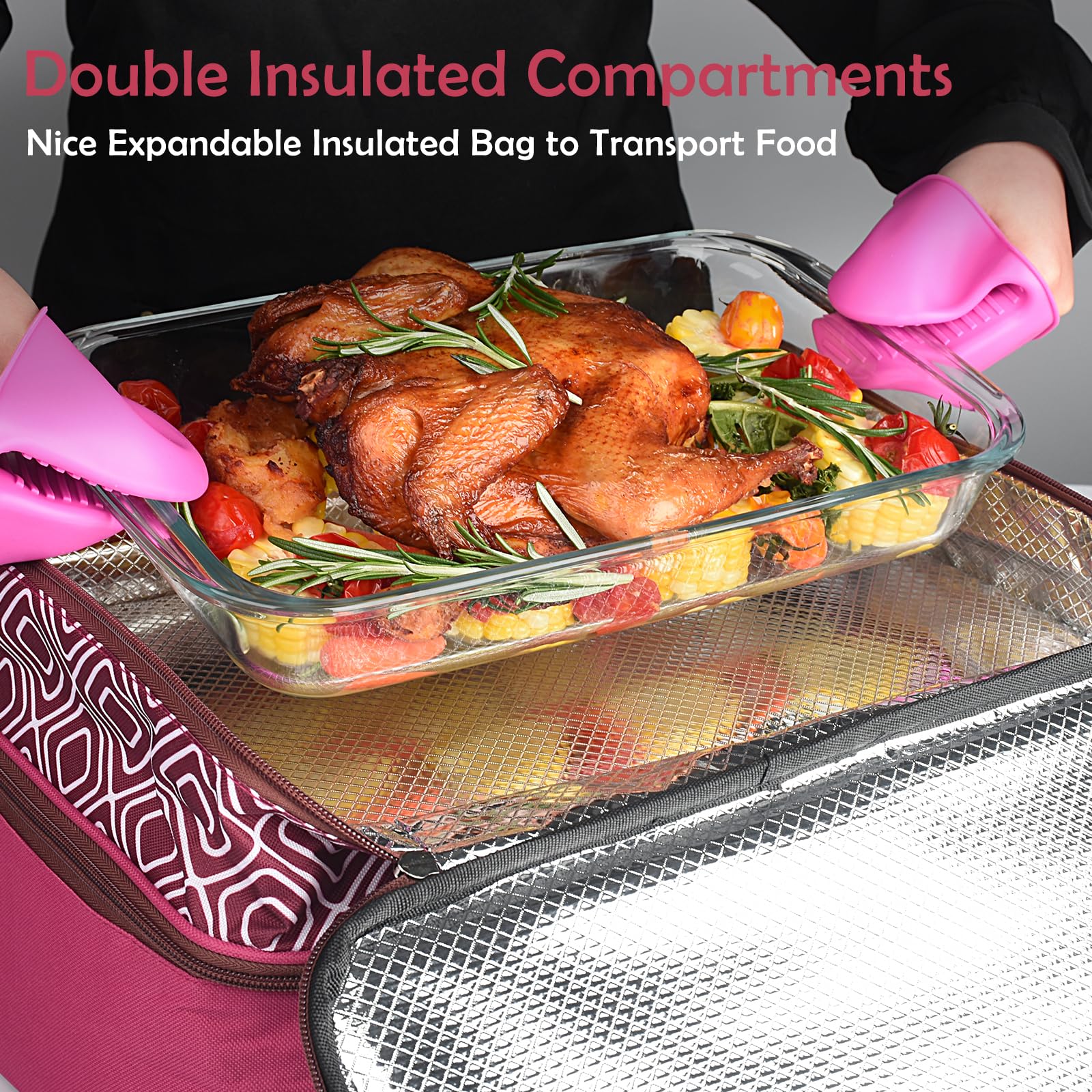 CaCTOUR insulated interior with foil lining and foam keeps dishes warm or cool.