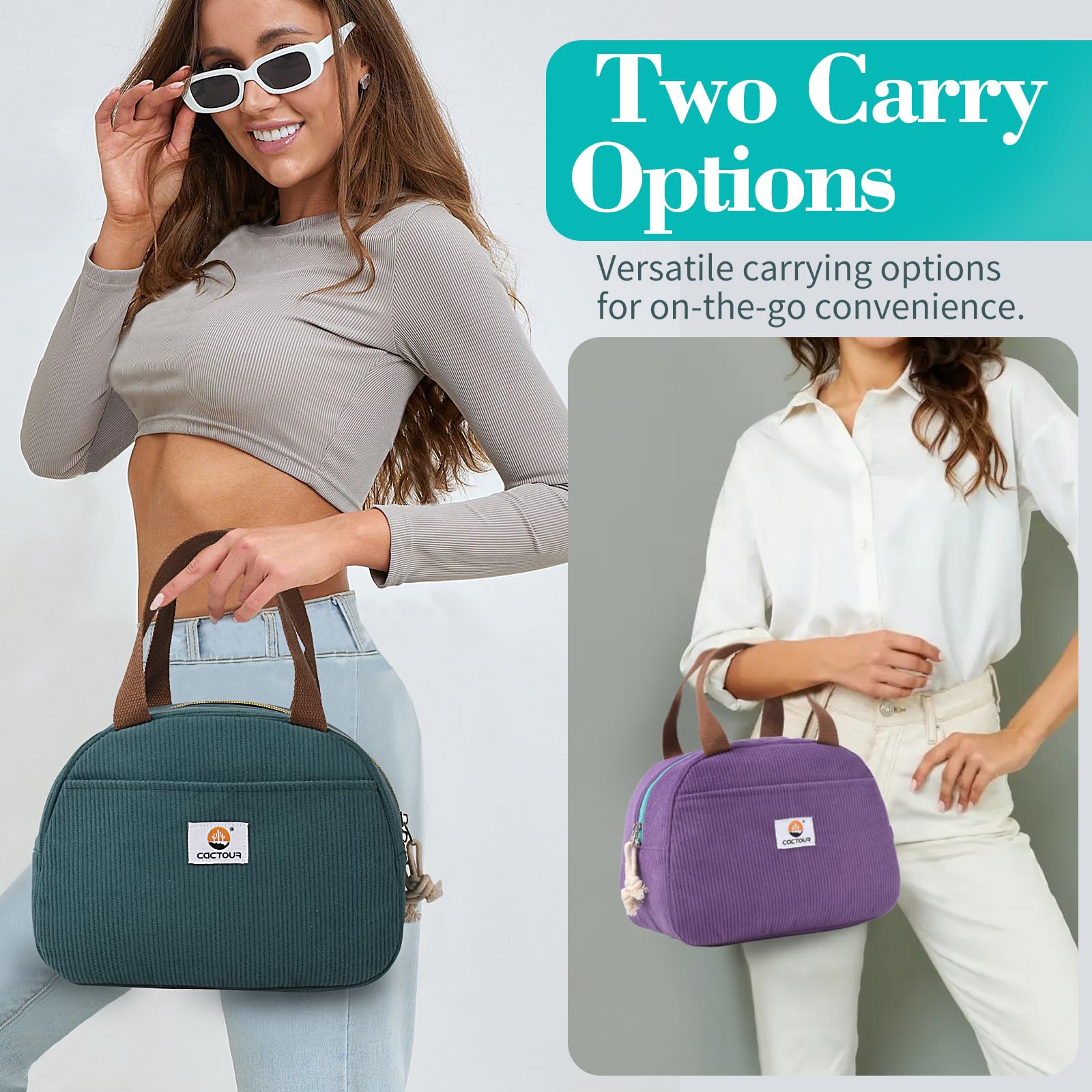 CaCTOUR lunch bag front pocket stores keys and chargers securely during travel.