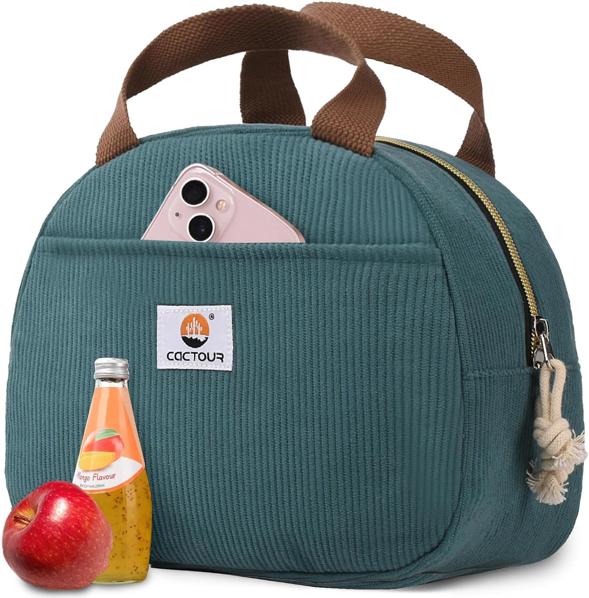 CaCTOUR Lake Green Corduroy lunch bag shows a roomy main compartment suitable for meals.