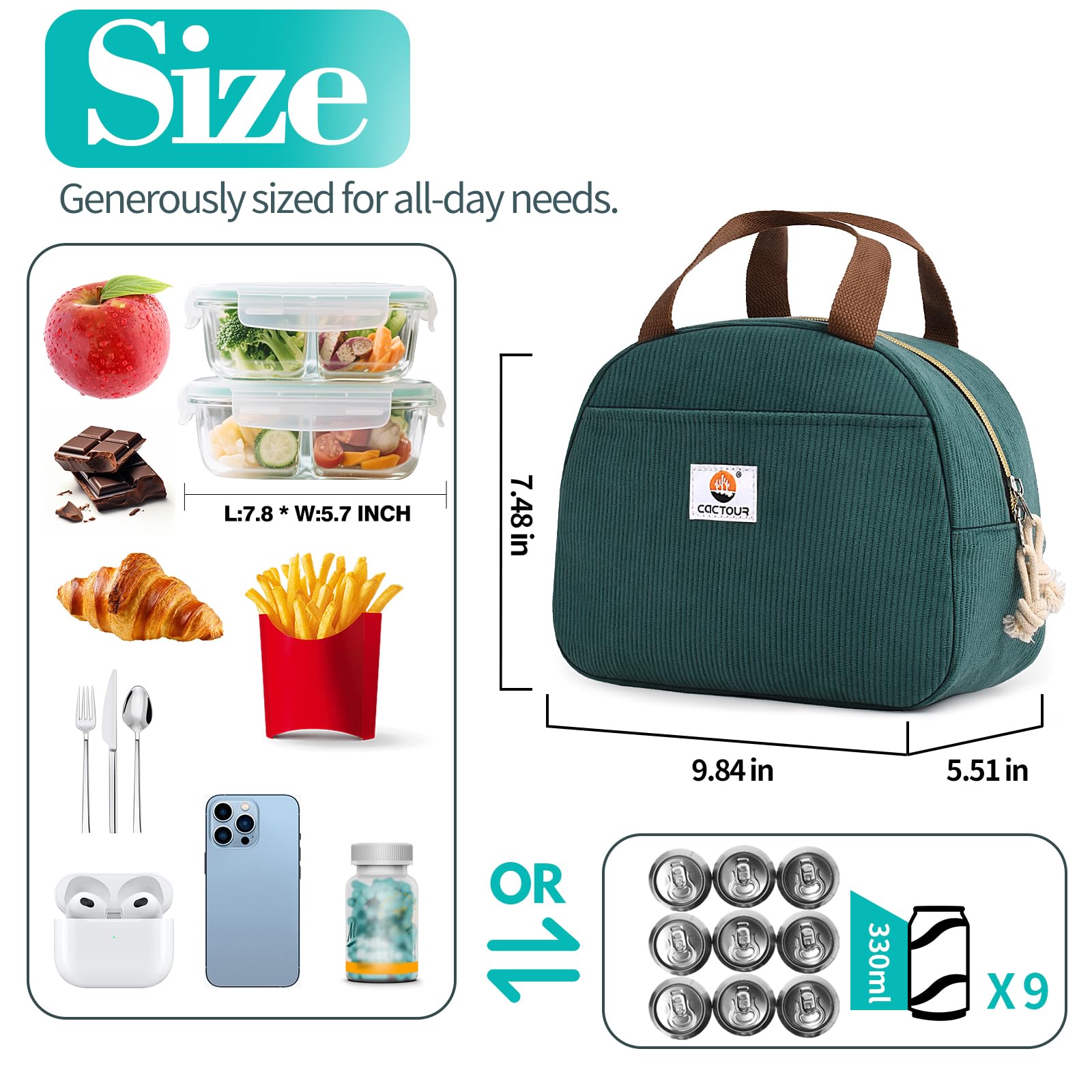CaCTOUR lunch bag sized for lunches, drinks, and small essentials for work.