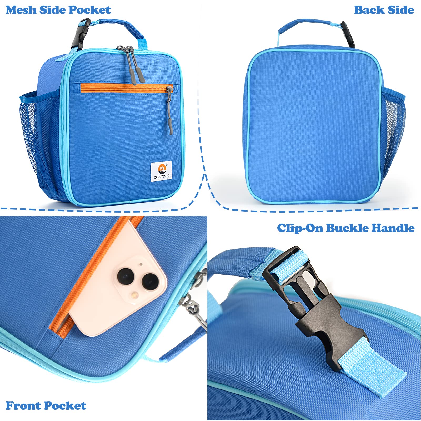 CaCTOUR Lunch Box Kids blue backpack-friendly design fits school bags.