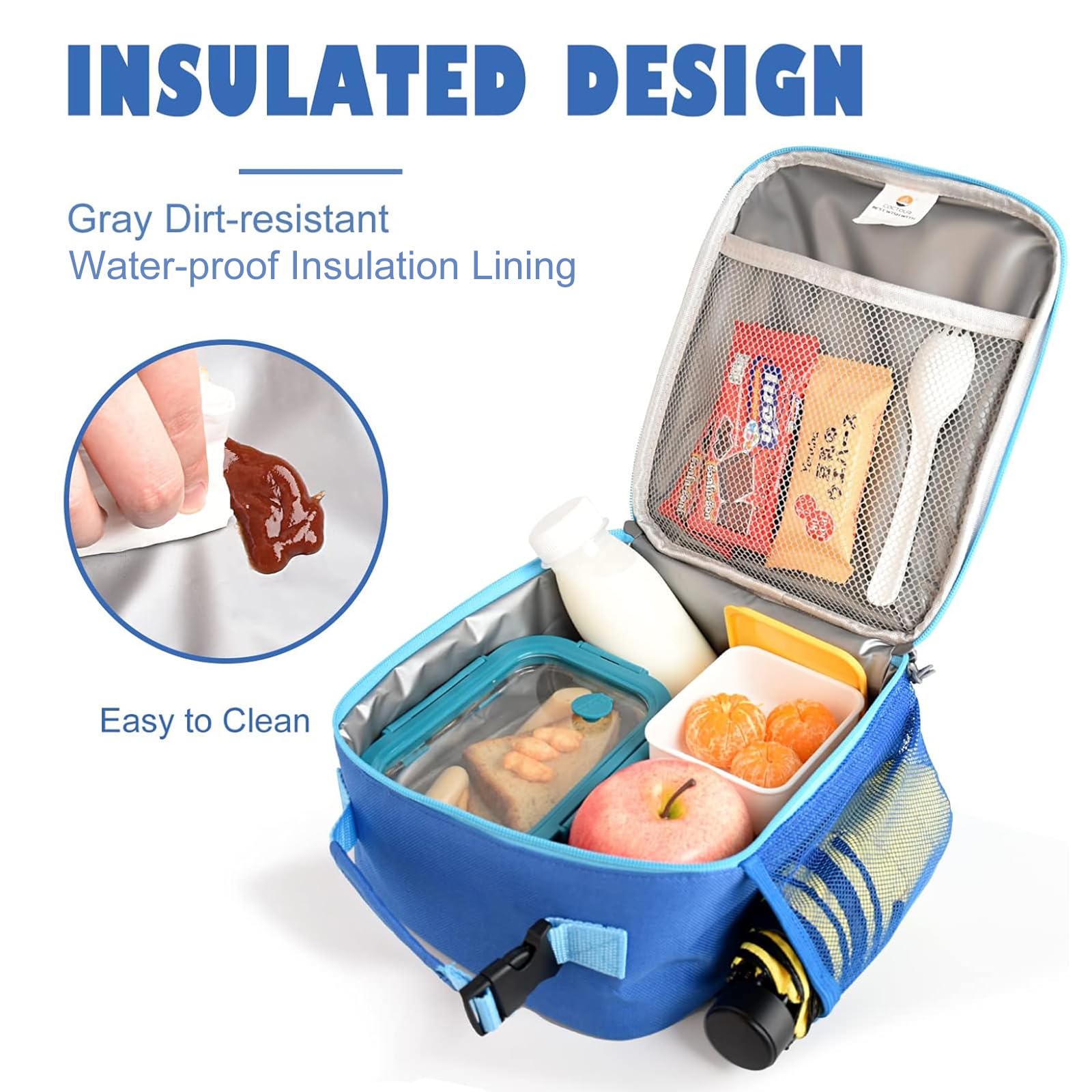 CaCTOUR Lunch Box Kids blue double zipper for durable access.