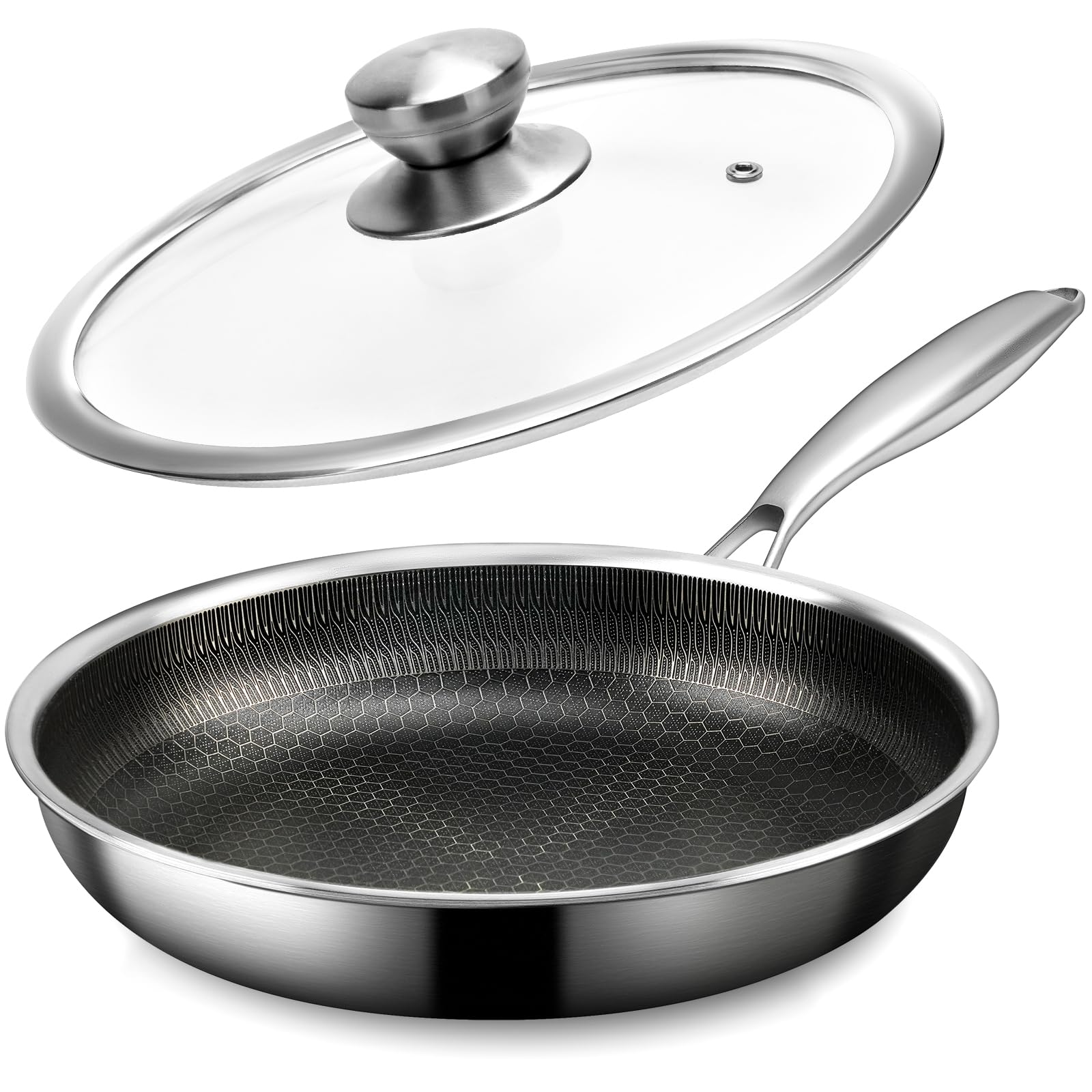 CADIVIZZO stainless steel frying pan with lid showcases honeycomb coating for effortless release.