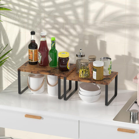 CADUKE expandable two-tier rack displayed on a kitchen counter for flexible storage.