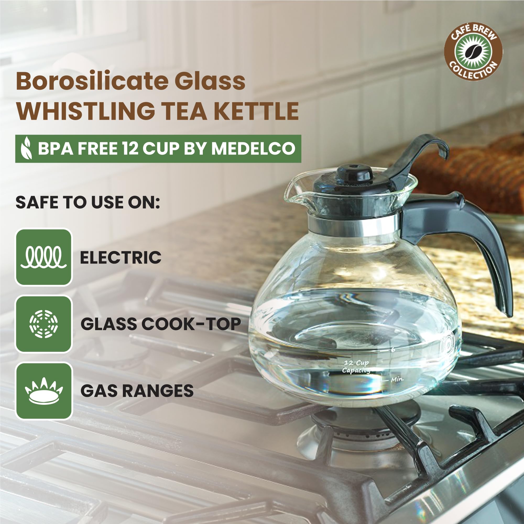 CAFÉ BREW COLLECTION borosilicate kettle with whistling lid signals readiness for tea