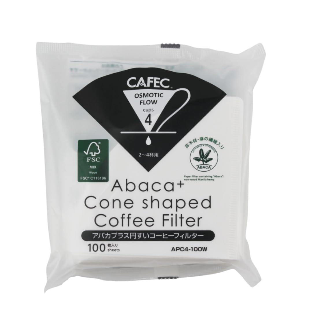 CAFEC Abaca+ cone filter packaging for sustainable pour-over brewing.
