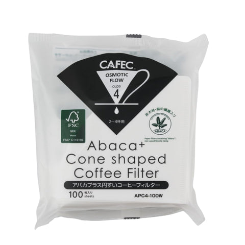 CAFEC Abaca+ cone filter packaging for sustainable pour-over brewing.