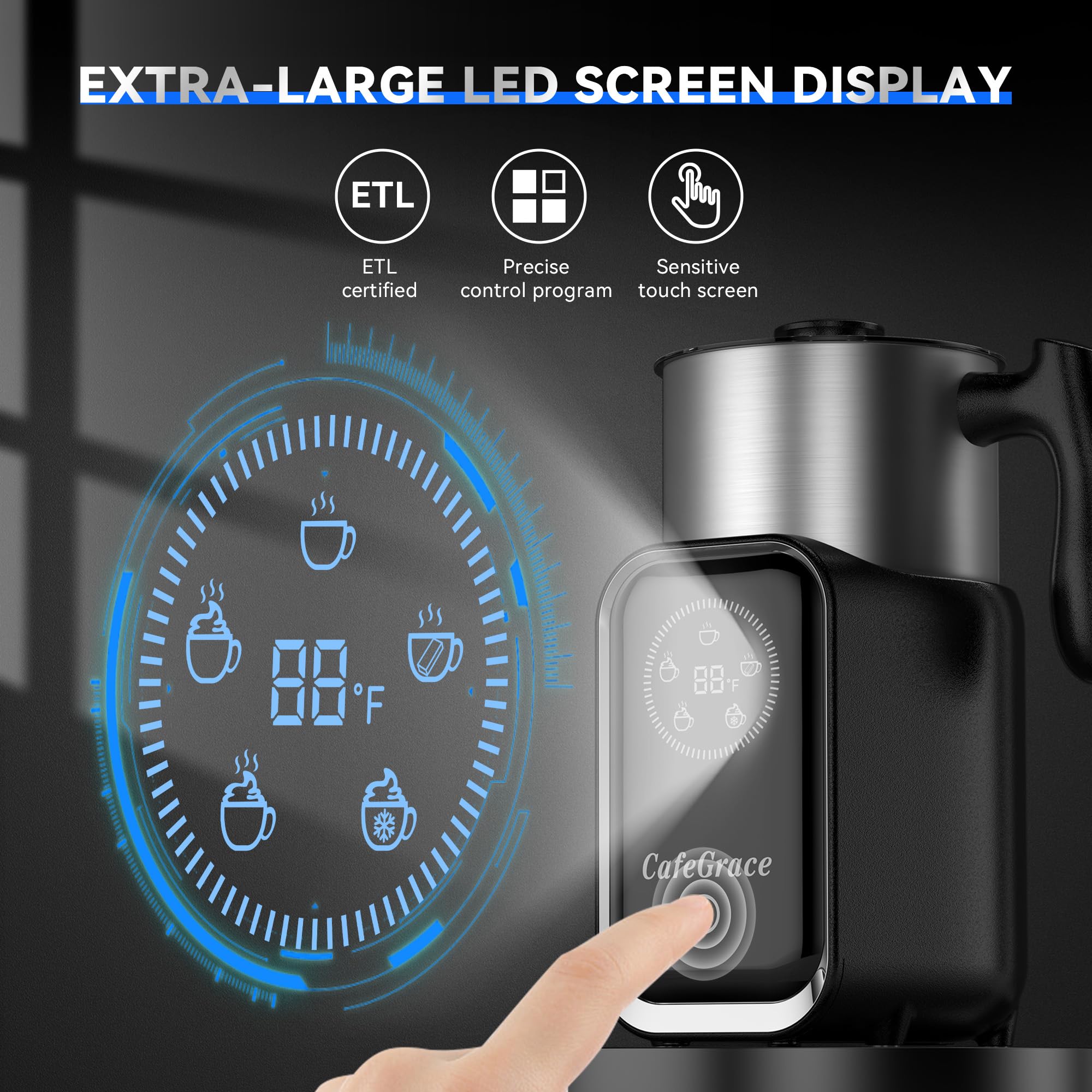 CafeGrace 21 oz capacity ideal for multiple servings of latte or cappuccino.