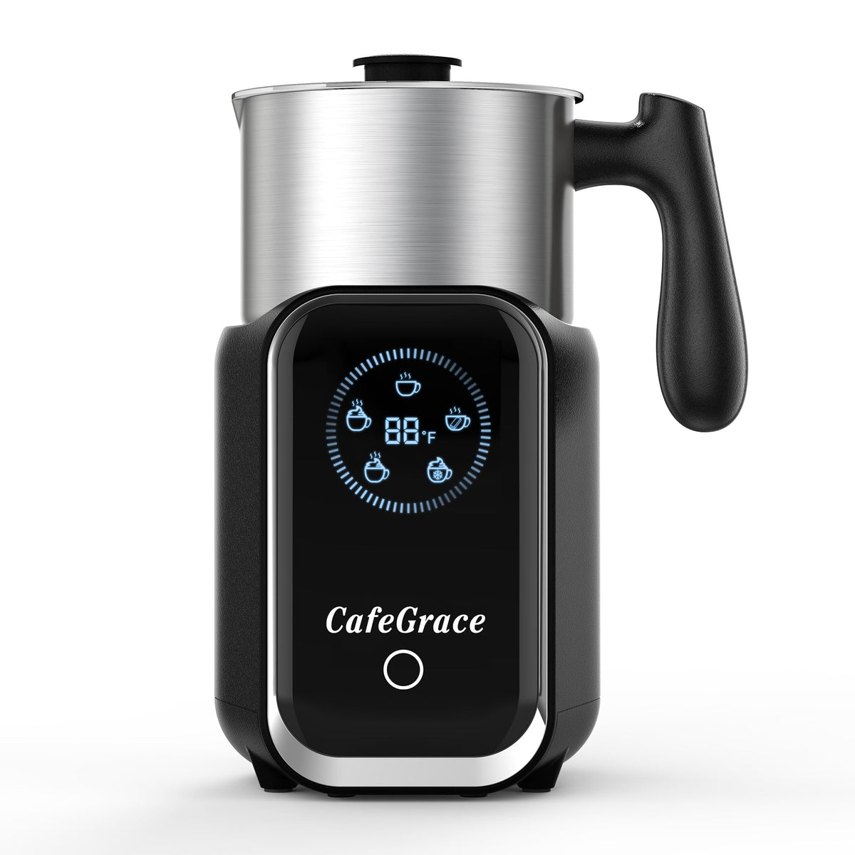 CafeGrace 5-in-1 milk frother with LCD display for easy froth selection and temperature readout.