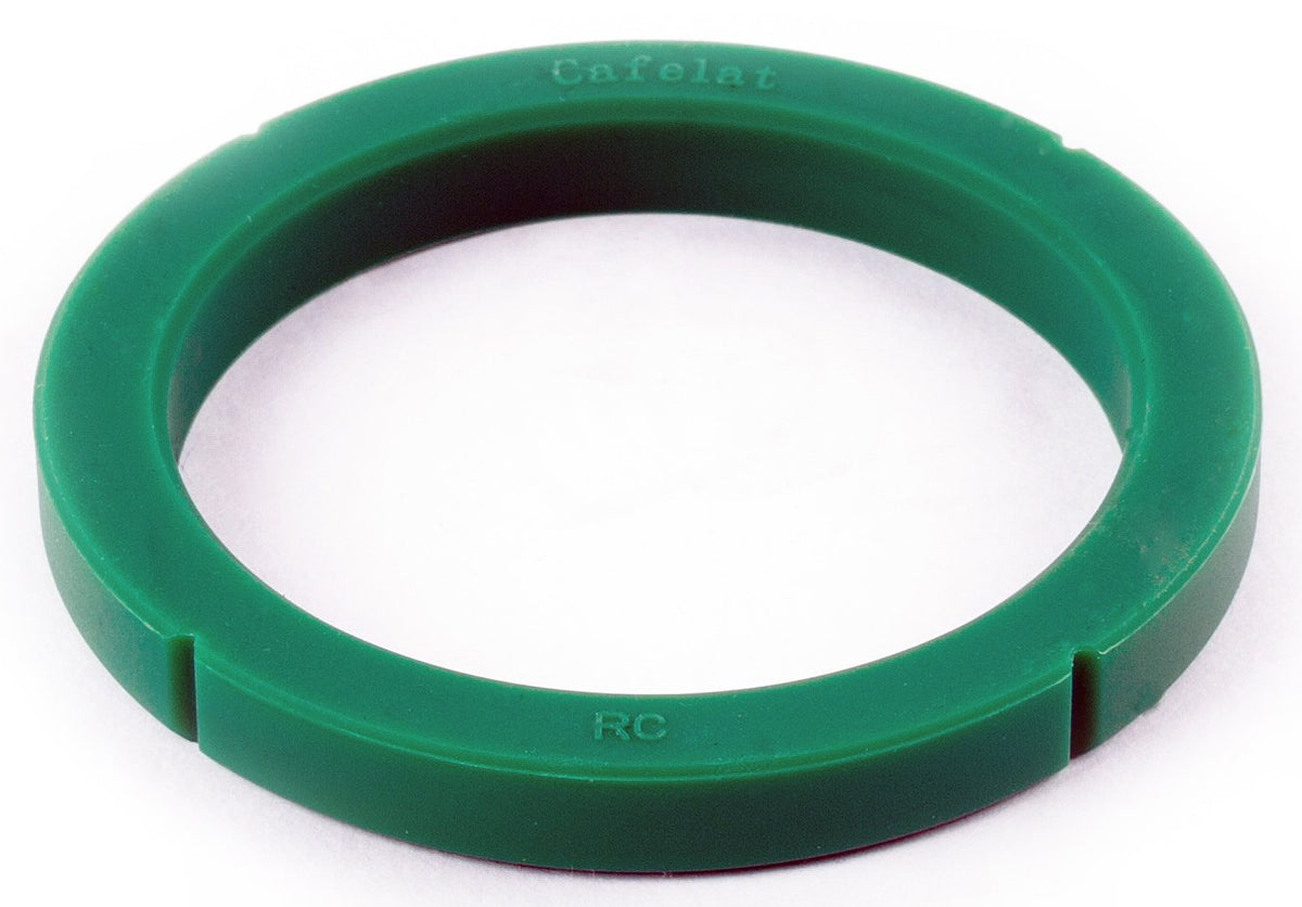 Cafelat silicone group gasket in green for Rancilio machines; odorless, tasteless seal improves espresso taste and maintenance.