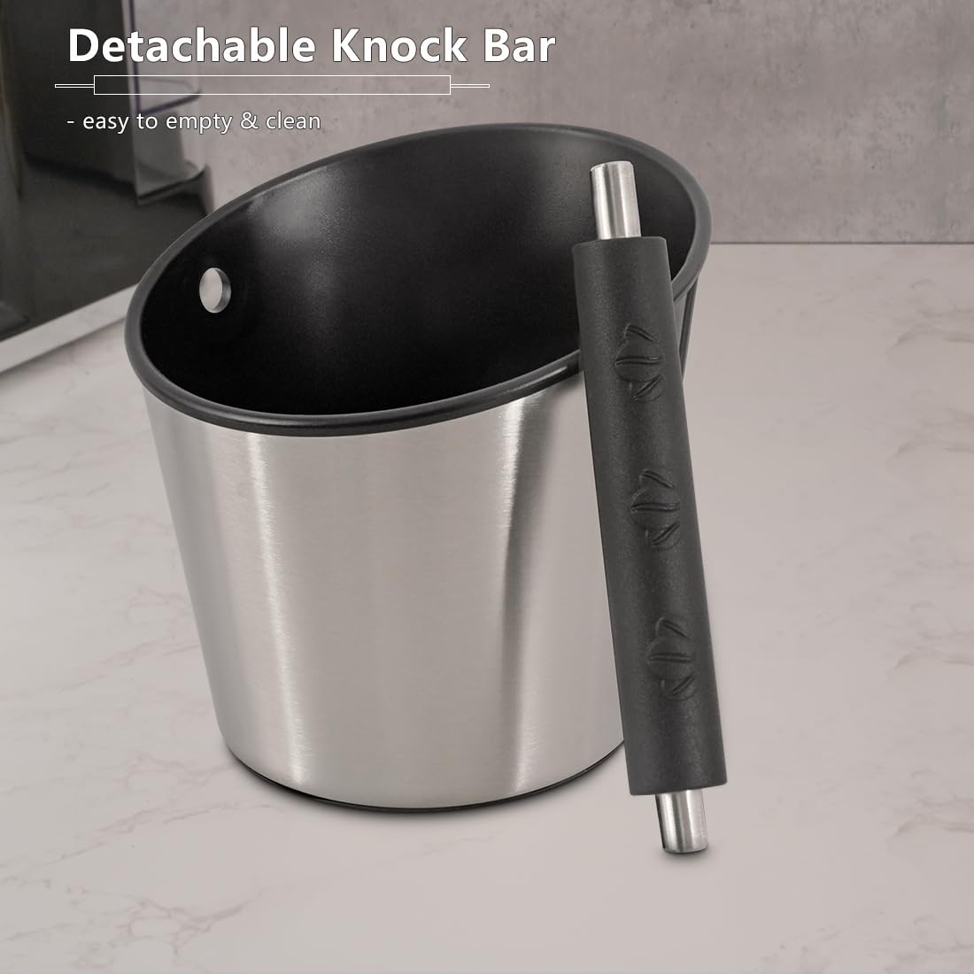 CAFEMASY knock box with anti-slip base stabilizes on a countertop.