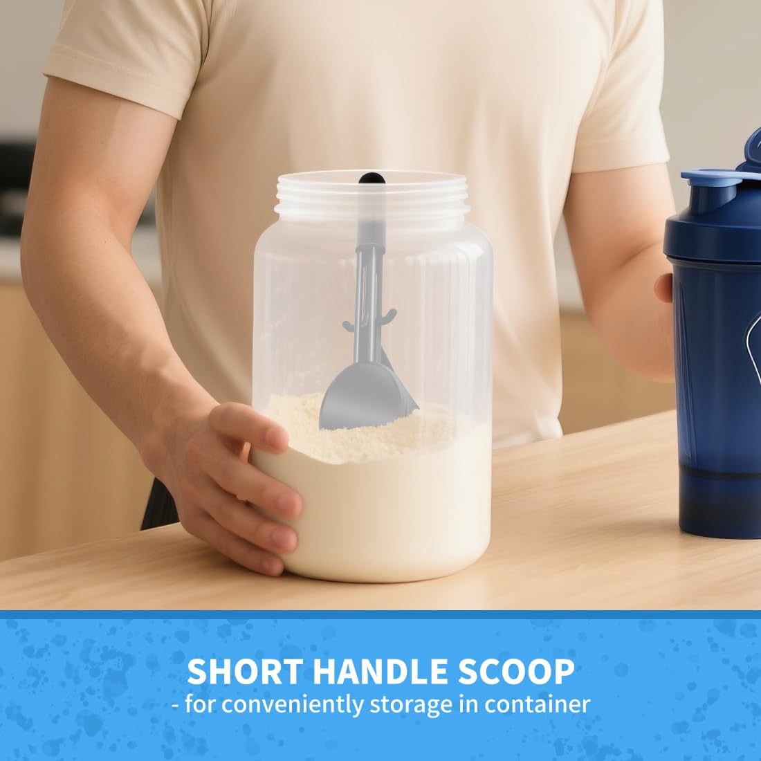 CAFEMASY protein powder scoop with funnel for clean bottle refills.