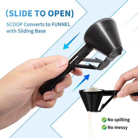 CAFEMASY slide-bottom measuring scoop supports one-handed use with funnel.