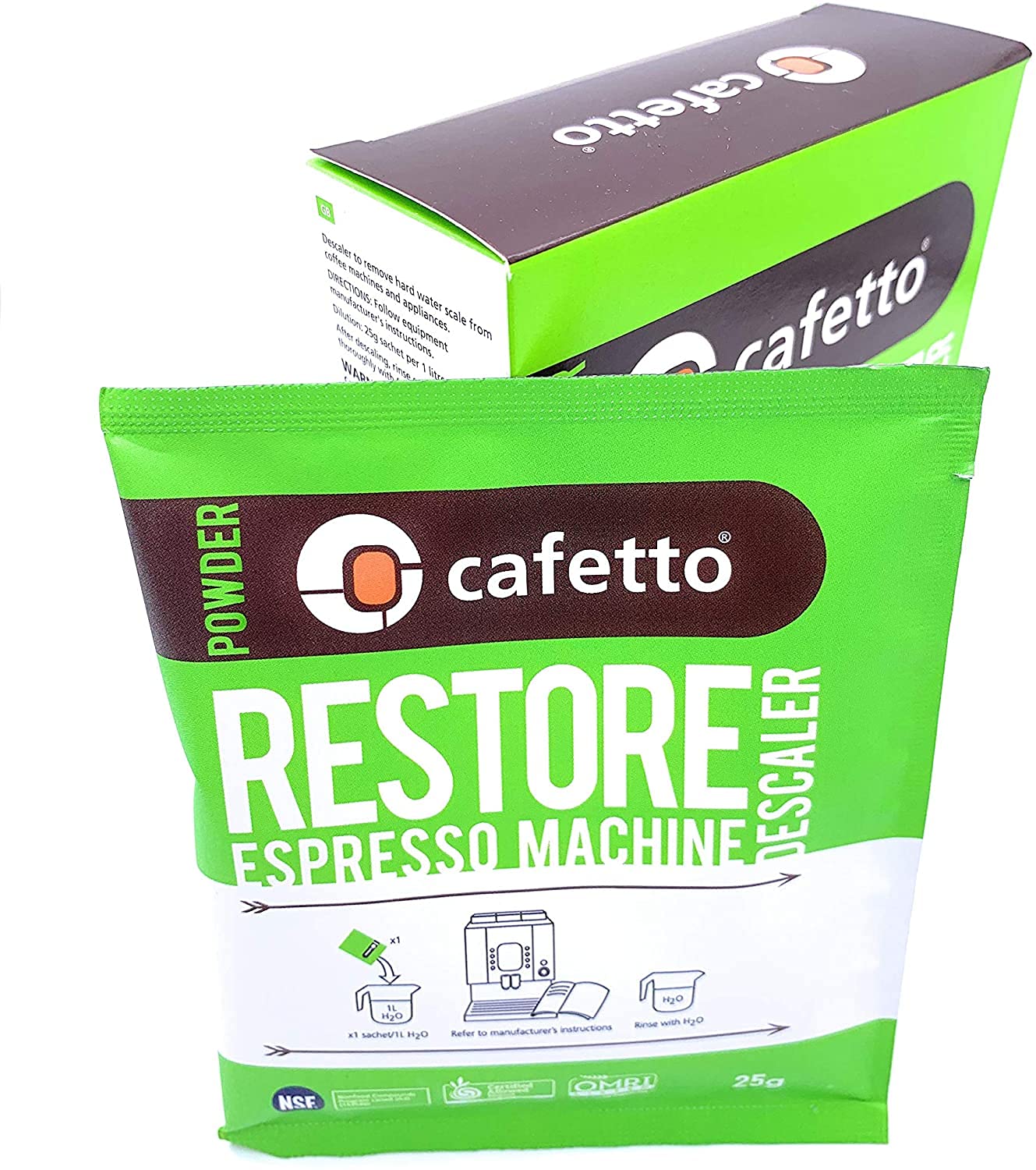 Cafetto Restore descaler being used in an espresso machine to remove scale.