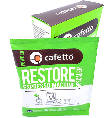 Cafetto Restore descaler being used in an espresso machine to remove scale.