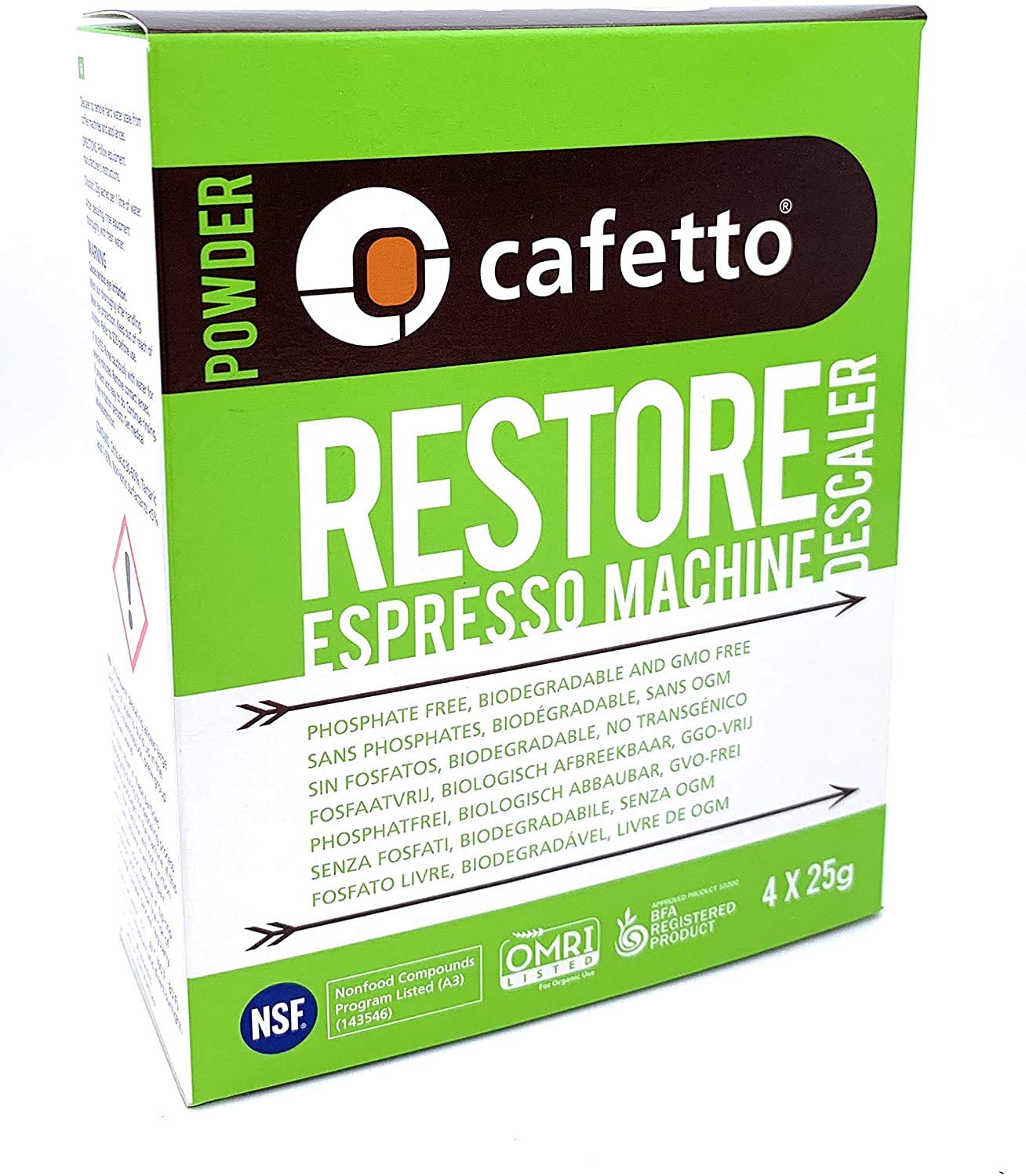 Cafetto Restore descaler sachet packaging for easy, eco-friendly cleaning.