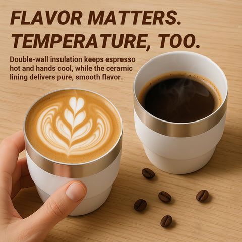 Cafezi navy espresso cup fits under most machines for easy use.