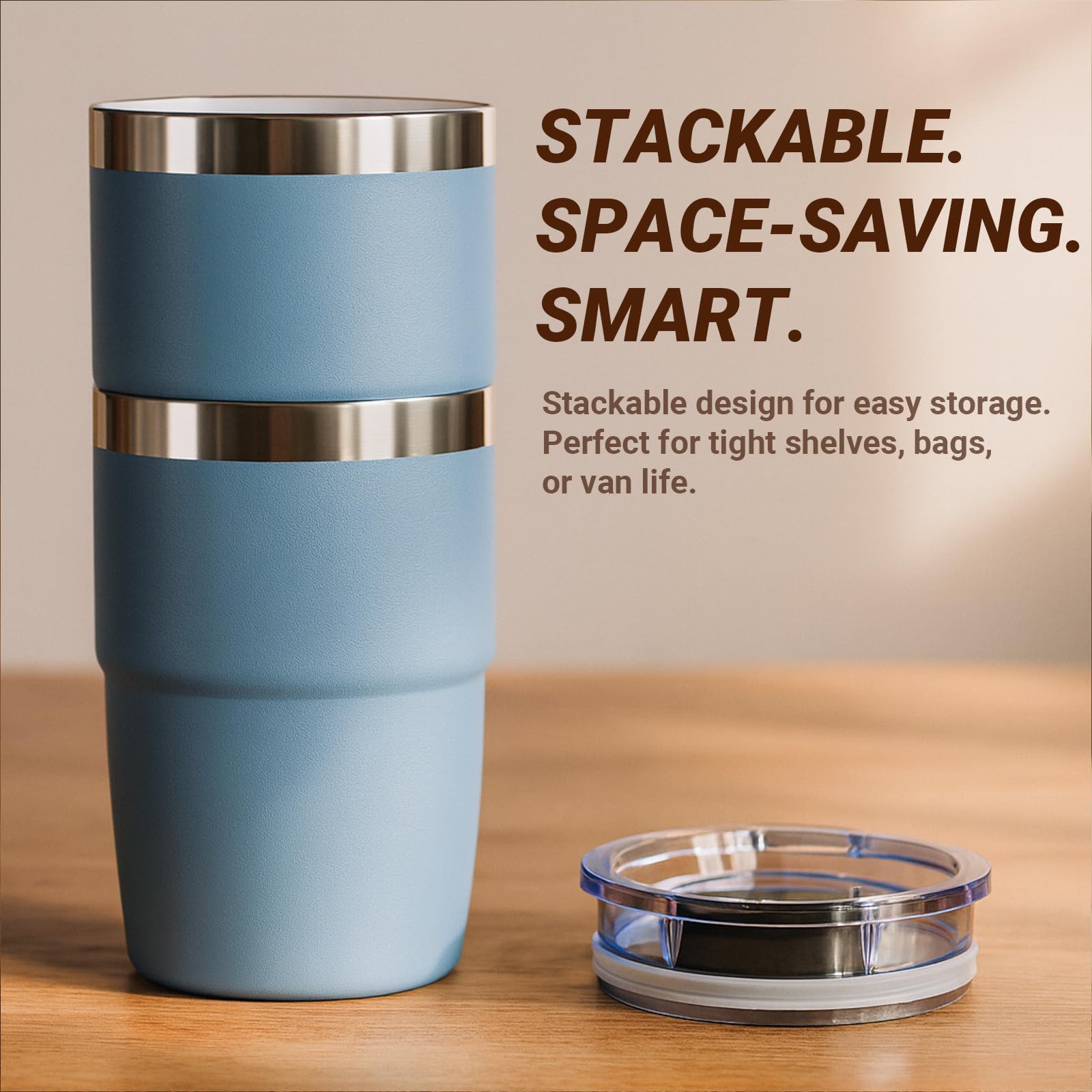 Cafezi stackable cups demonstrate space-saving design for cabinets or campers.