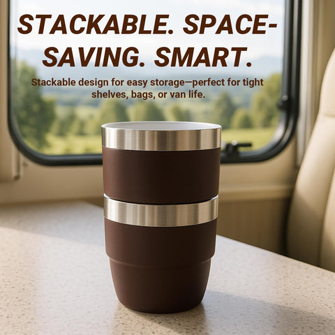 Cafezi navy stackable espresso cups save kitchen space.