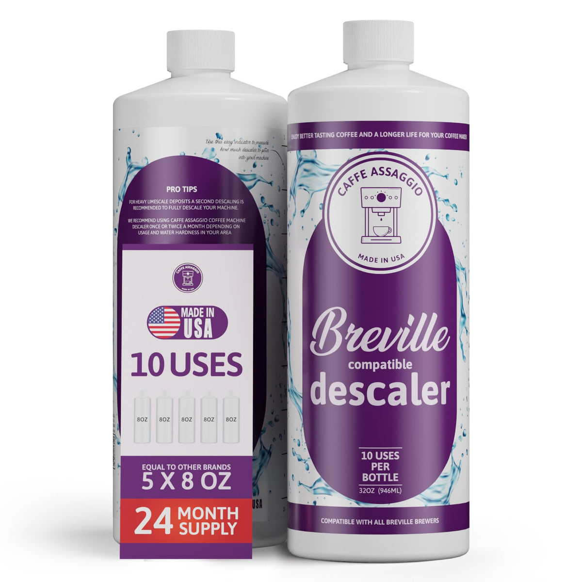 Caffe Assaggio Breville Descaler bottle for mineral buildup removal in espresso workflow