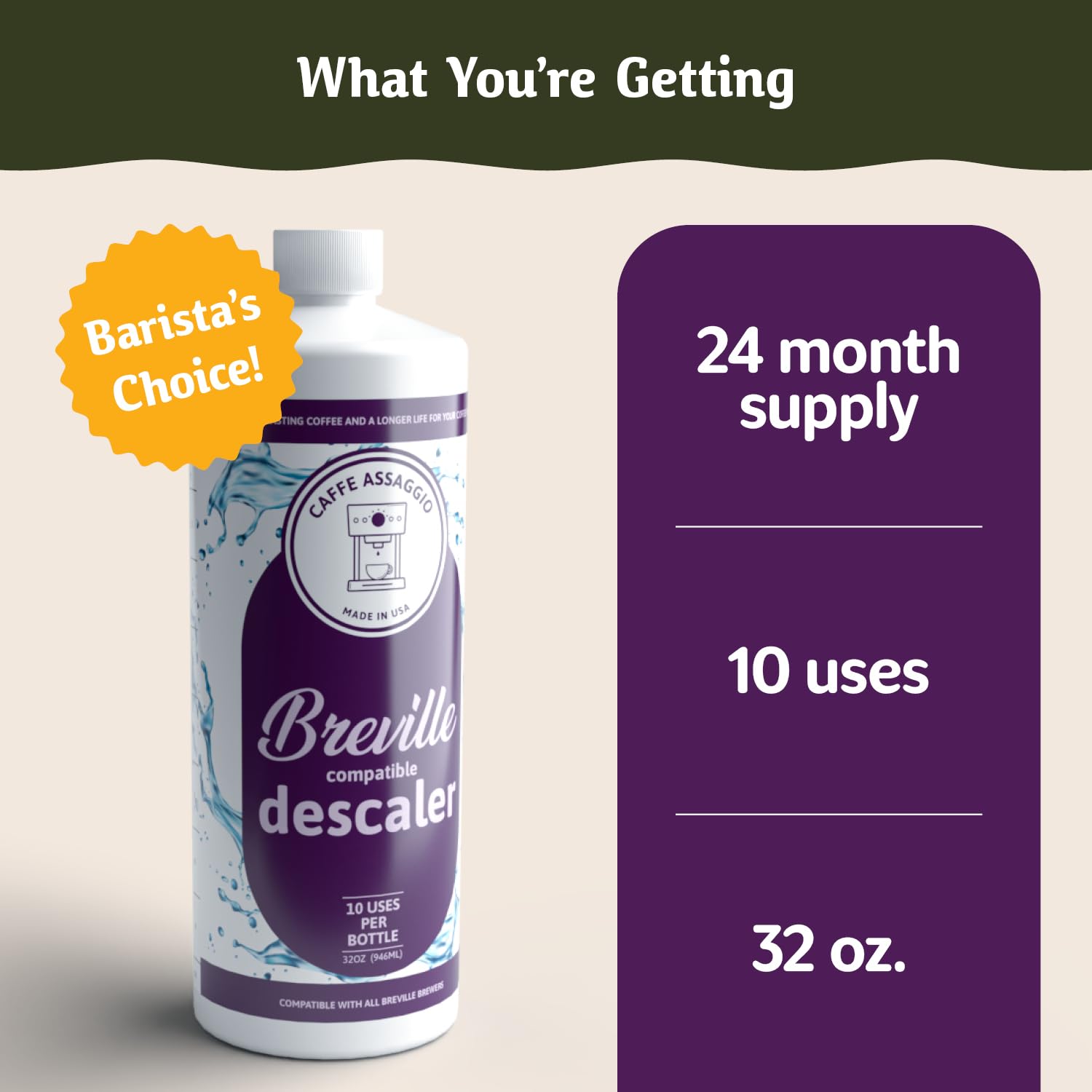 Breville Descaler label highlighting 10 uses for maintenance planning