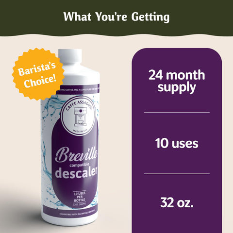 Breville Descaler label highlighting 10 uses for maintenance planning