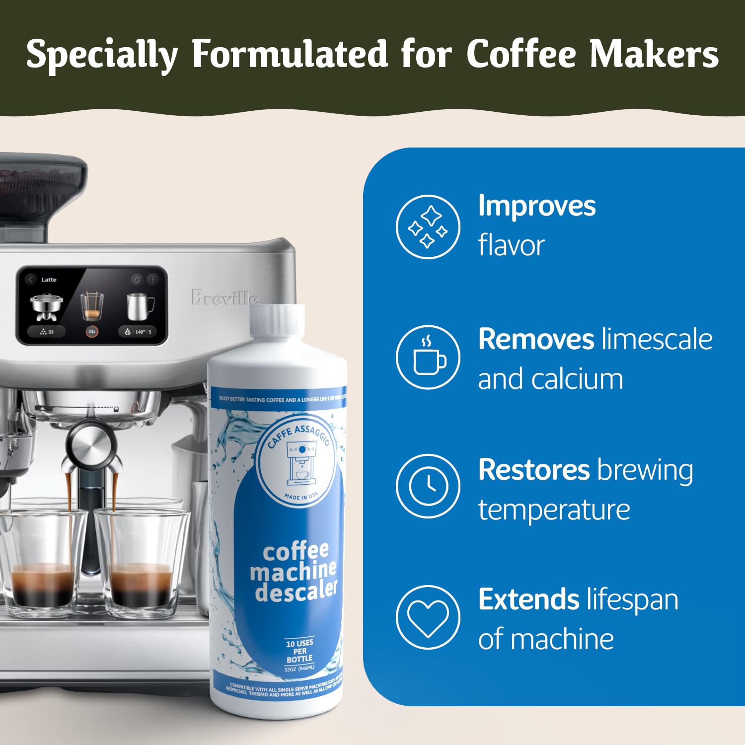 Label highlights universal compatibility with Keurig, Nespresso, and more.